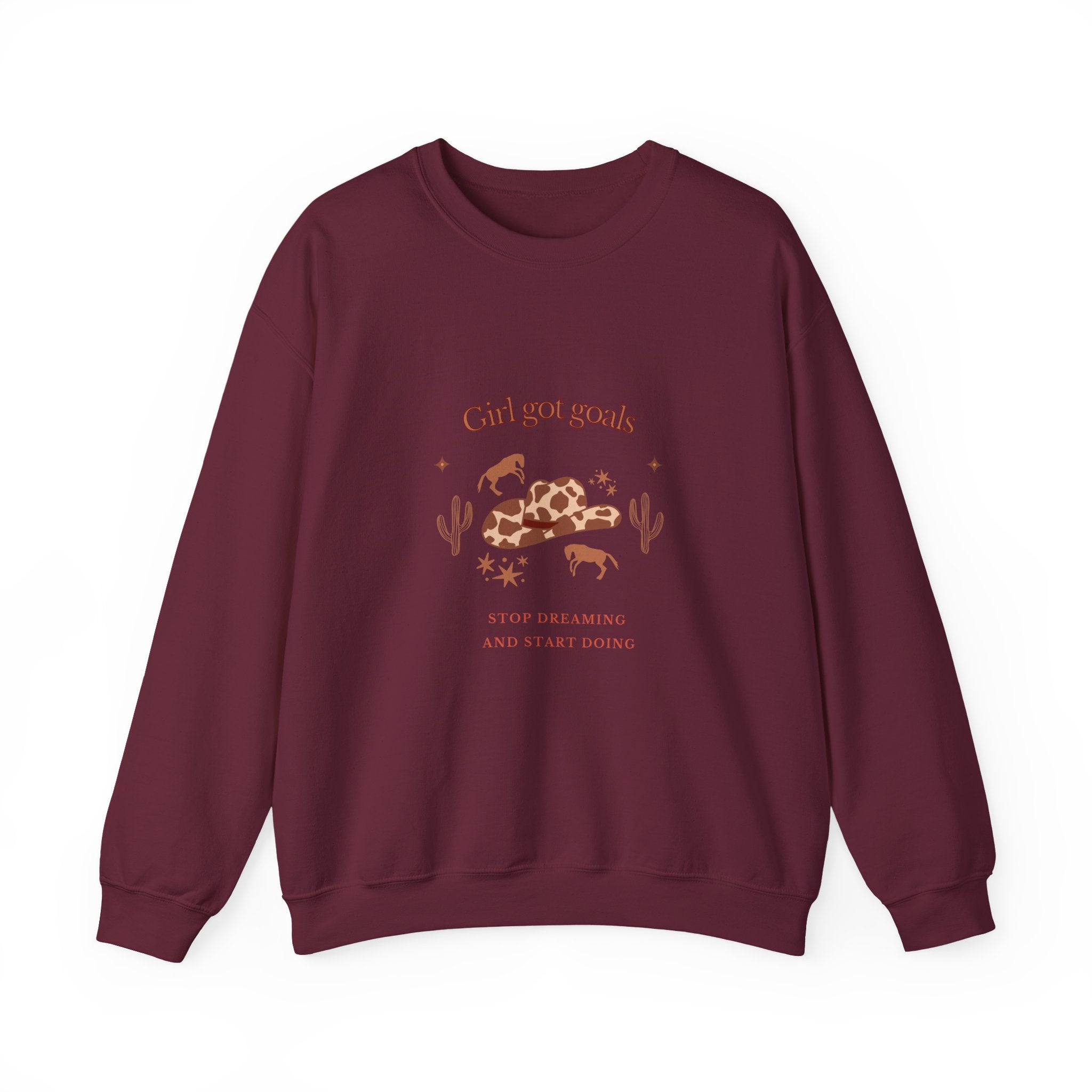 Women’s maroon sweatshirt with western cowgirl hat illustration, and “Girl Got Goals” inspirational lettering
