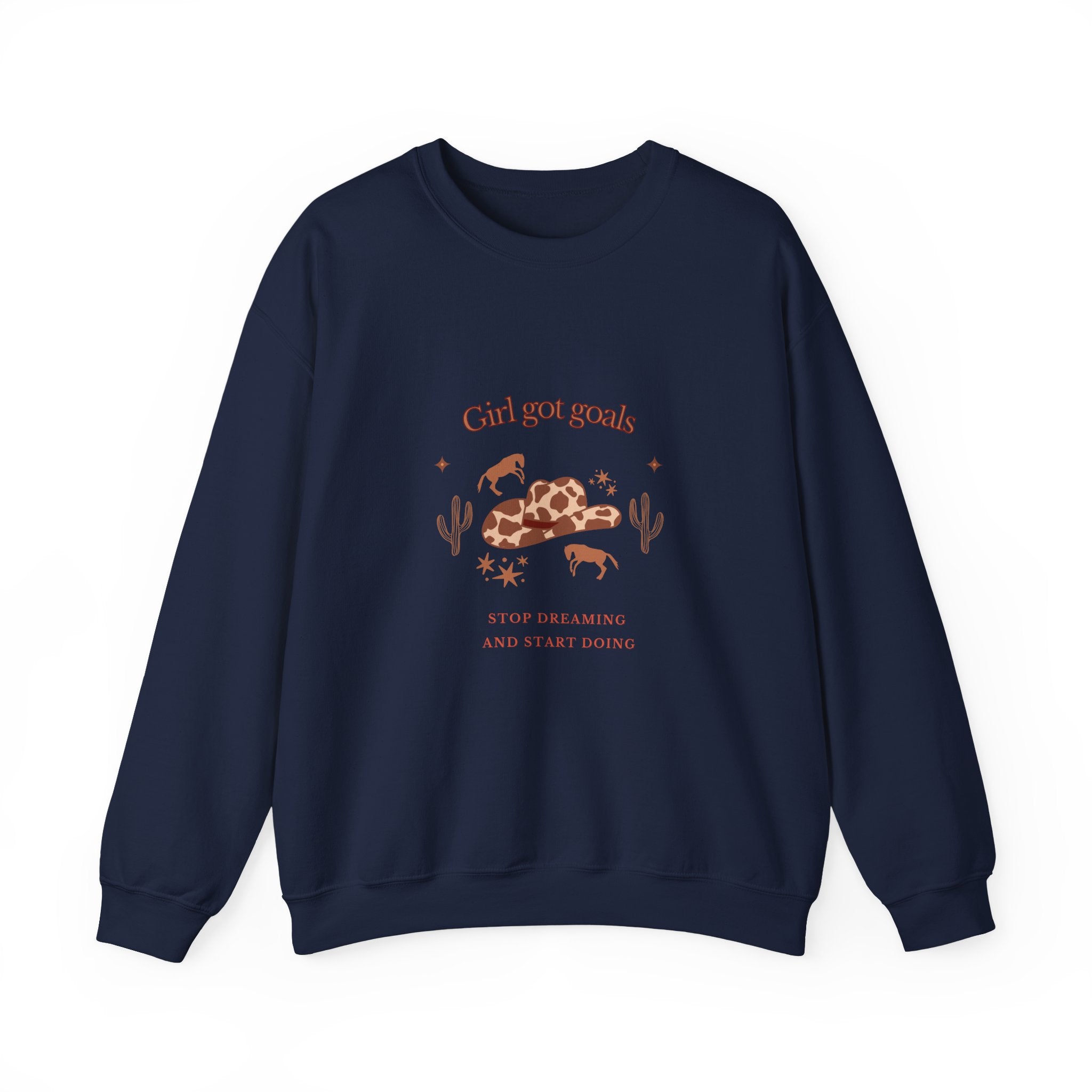 Navy blue graphic sweatshirt featuring a cowgirl hat, horses, cacti, and the motivational quote “Girl Got Goals” on the front