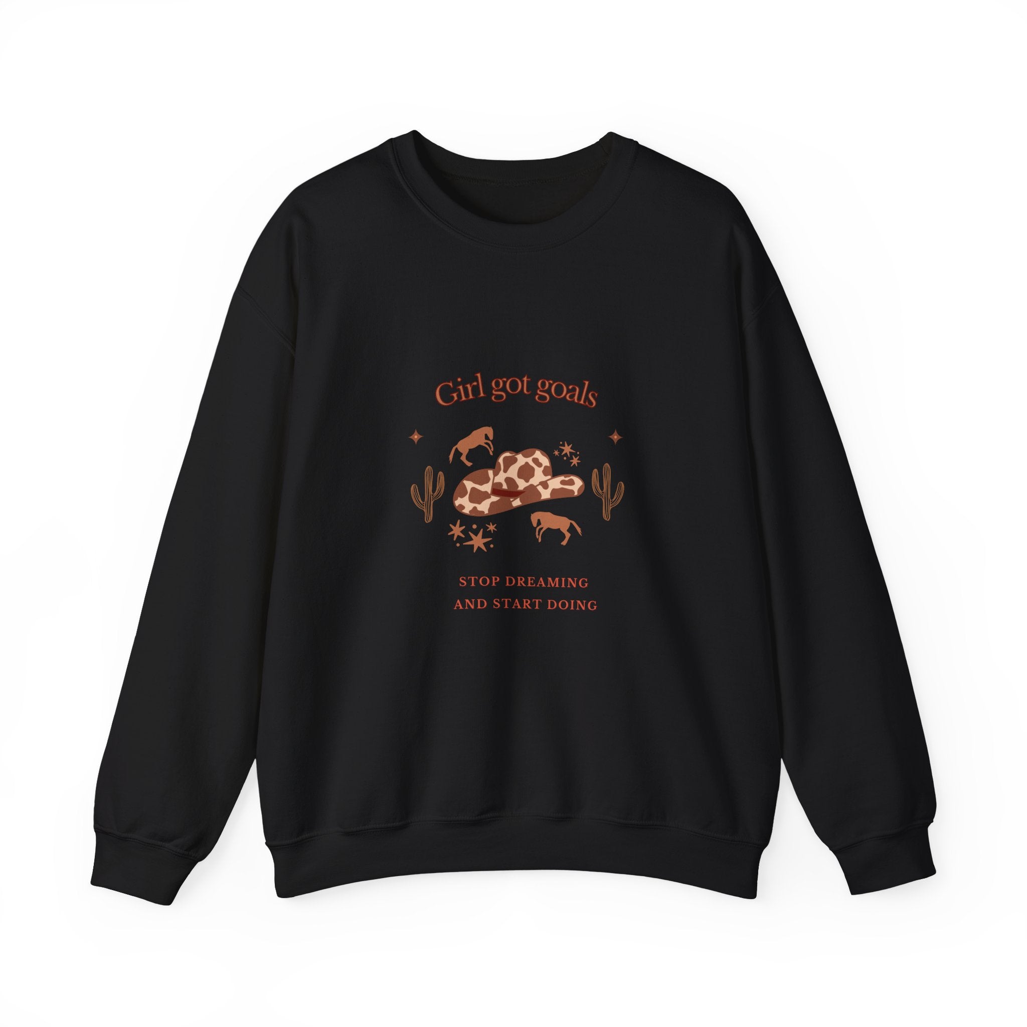 Casual women’s sweatshirt showing a western cowgirl hat graphic, desert elements, and “Girl Got Goals” quote in warm brown tones