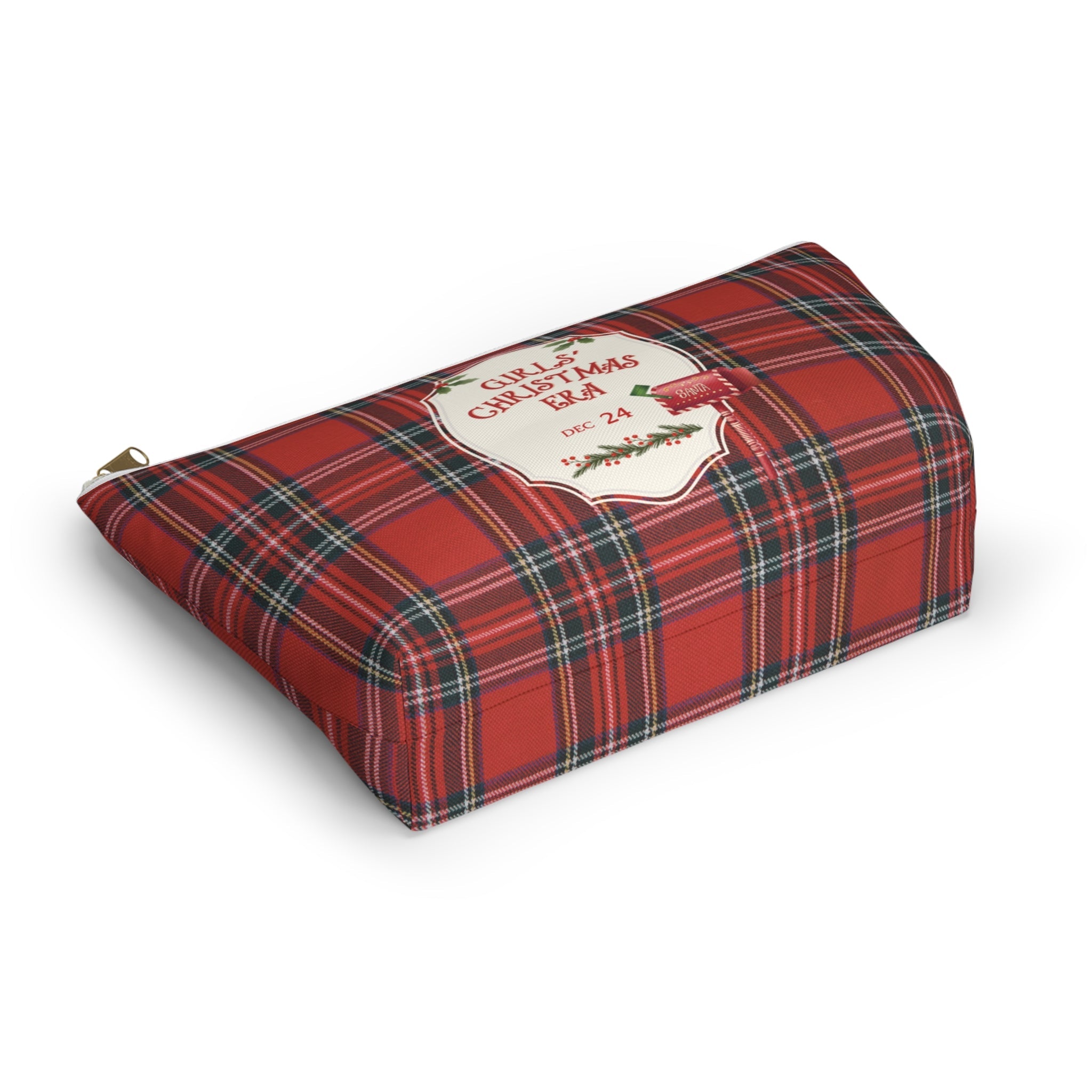 Red and green plaid makeup pouch for holiday travel