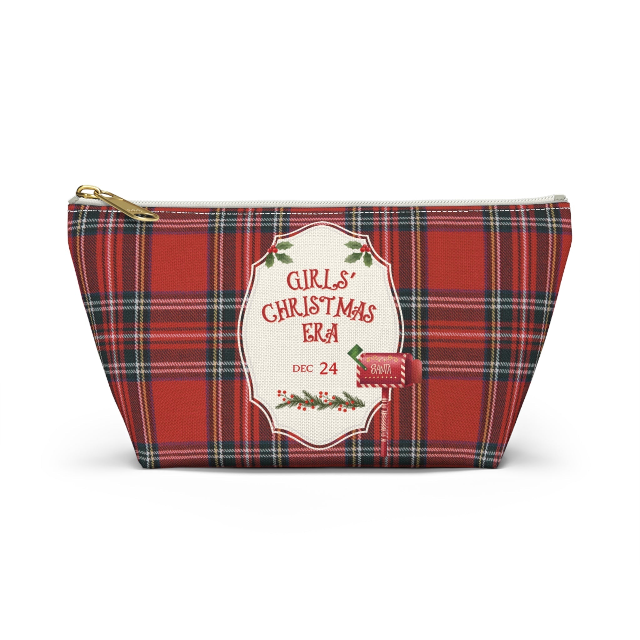 Holiday plaid toiletry bag with vintage Christmas artwork