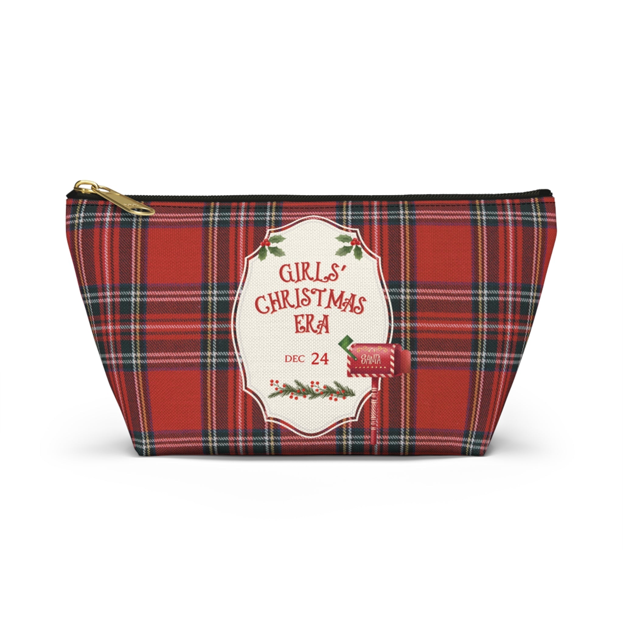 Festive red tartan zip pouch with Santa mailbox illustration