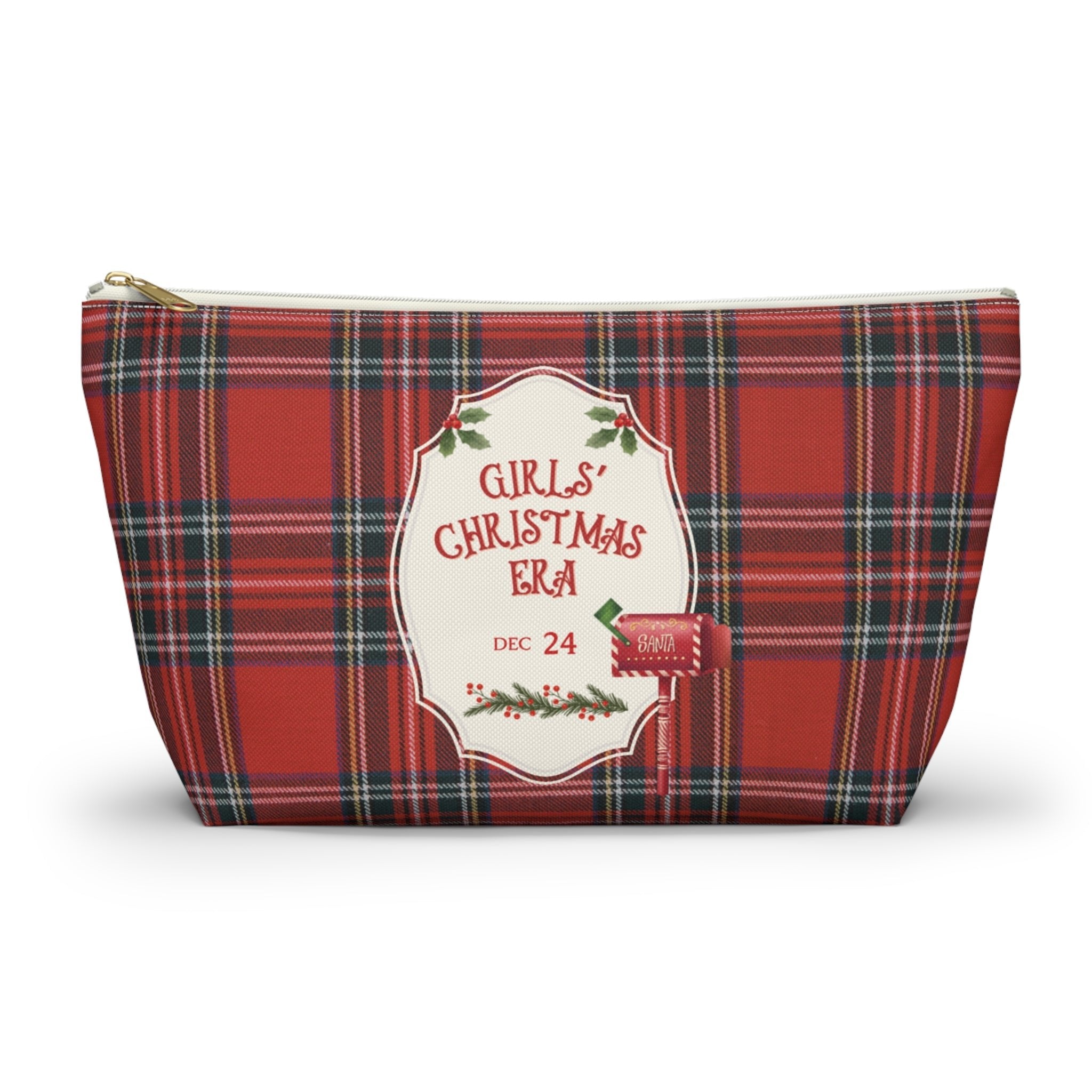 Red plaid Christmas makeup pouch with holiday label design