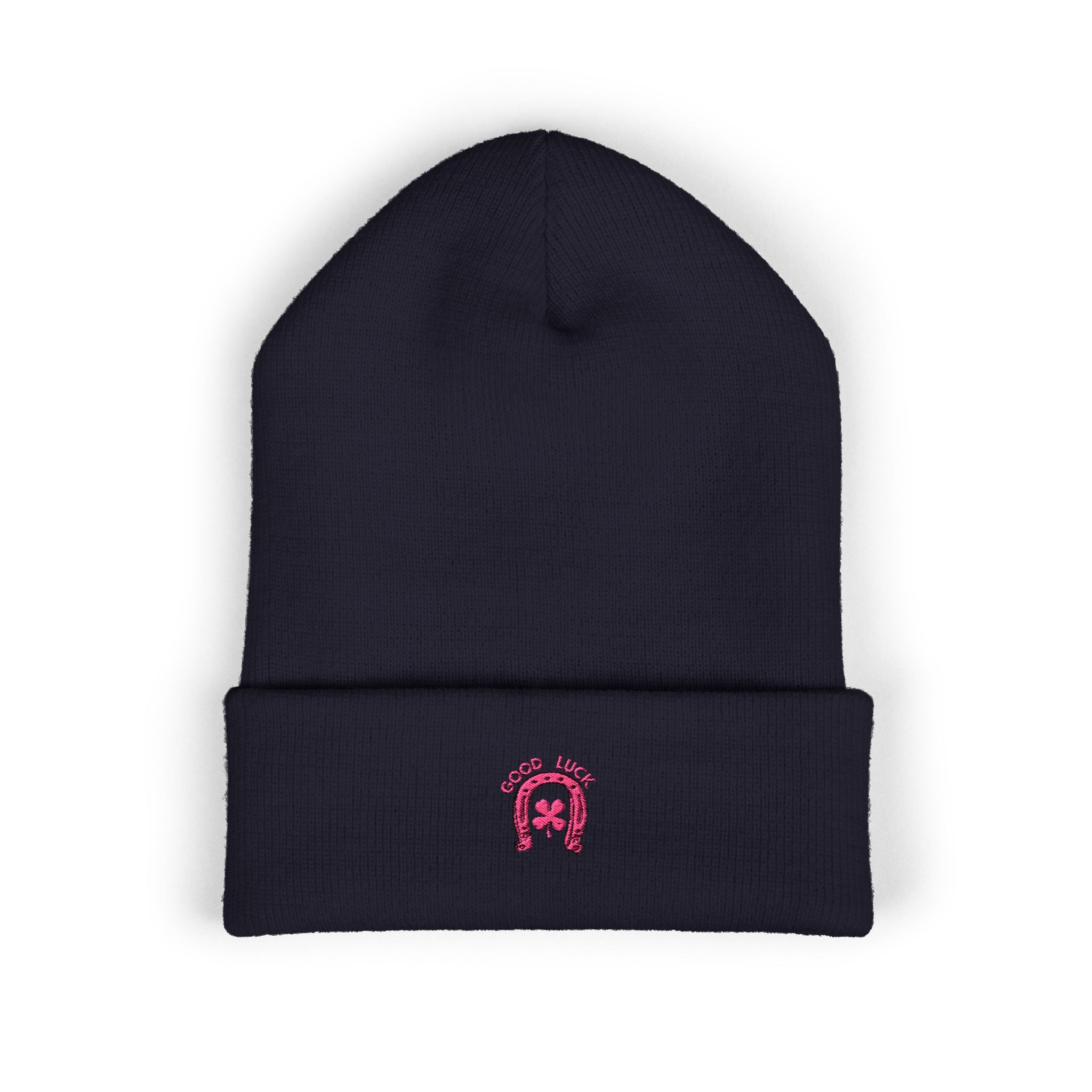 Minimalist good luck pink beanie with embroidered horseshoe detail
