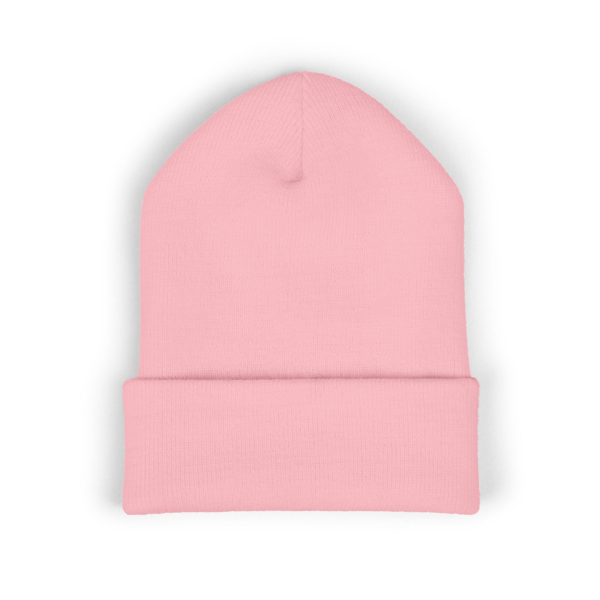Cozy pastel pink beanie with lucky charm horseshoe clover stitching
