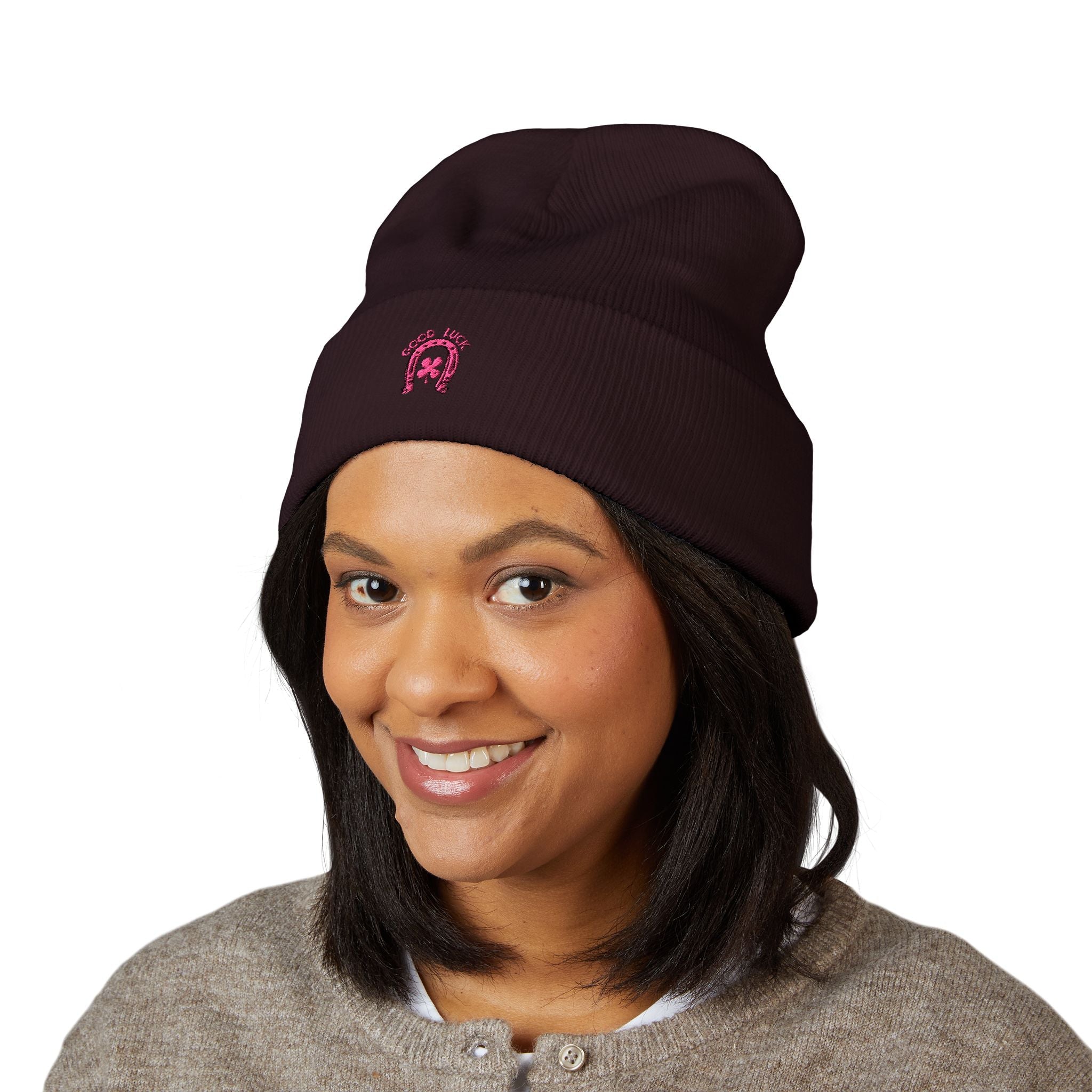 Aesthetic brown beanie with good luck text and clover horseshoe design
