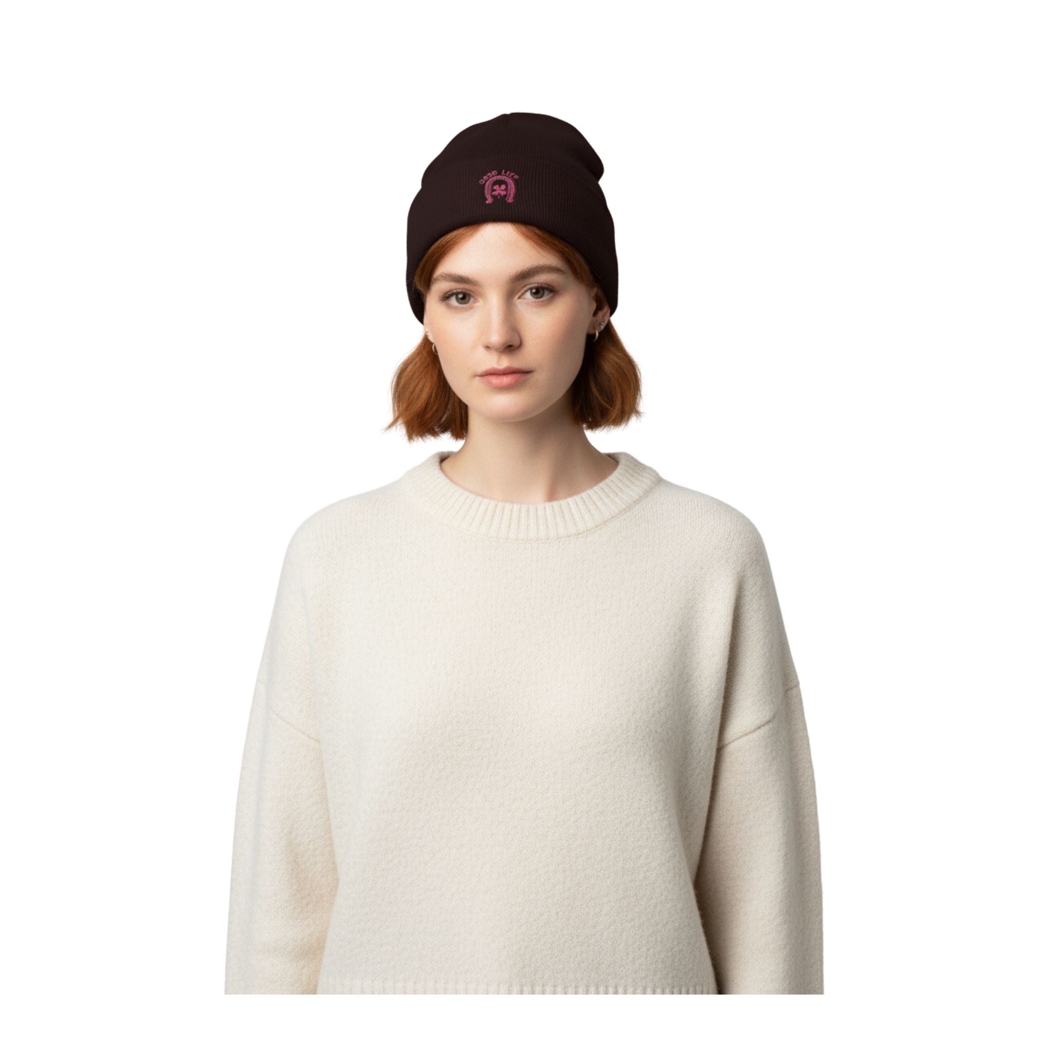 Cute brown winter beanie with subtle good luck symbol embroider