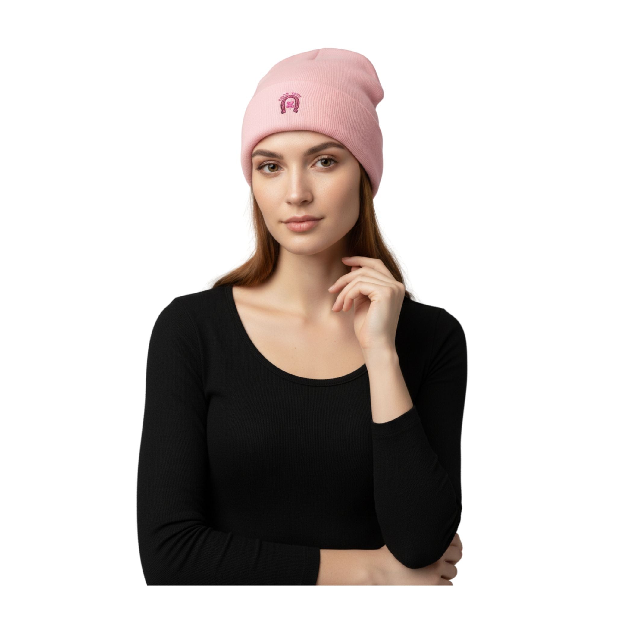 Soft pink beanie with embroidered good luck horseshoe and clover design