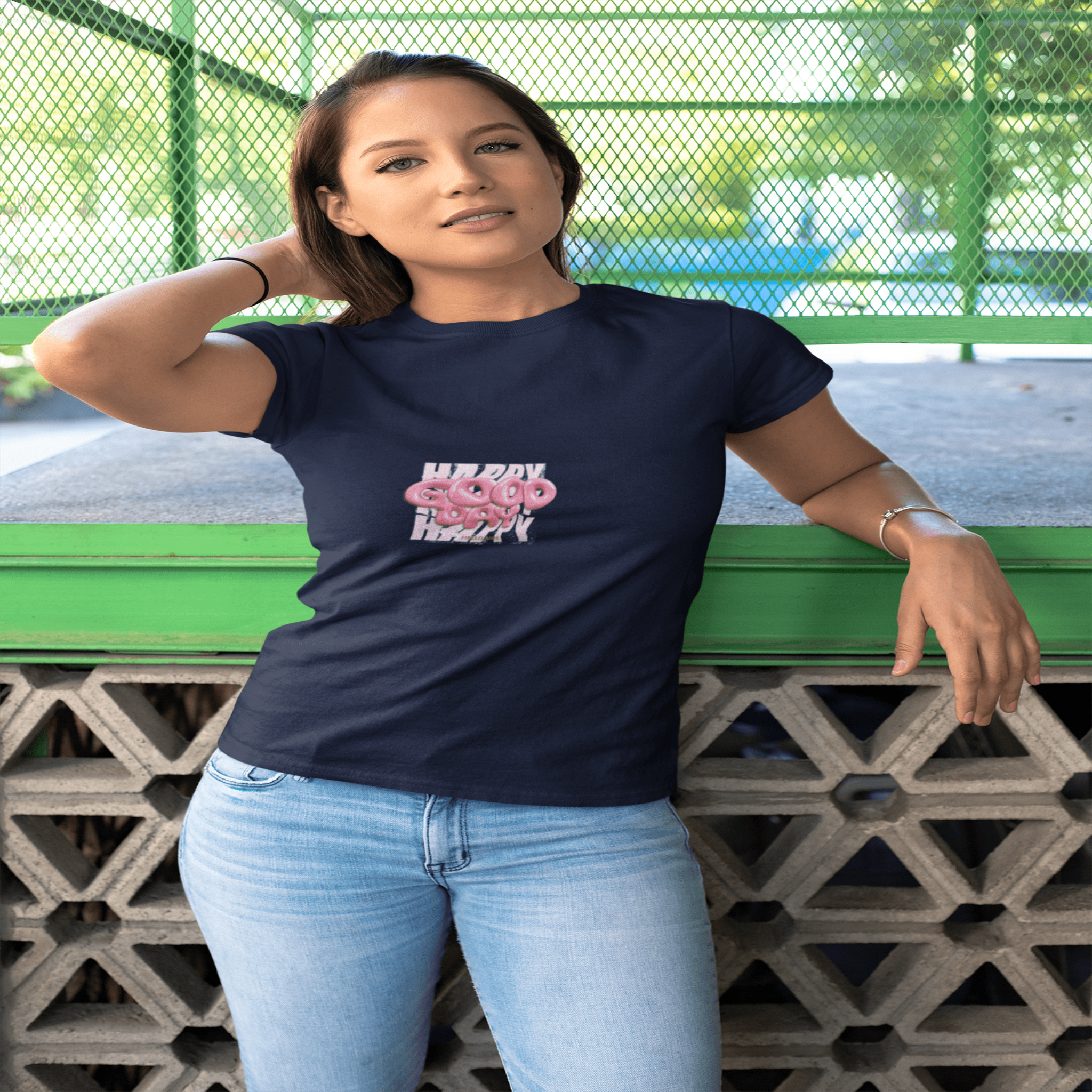 Casual women’s graphic navy T-shirt ideal for hangouts, and daily cheerful style