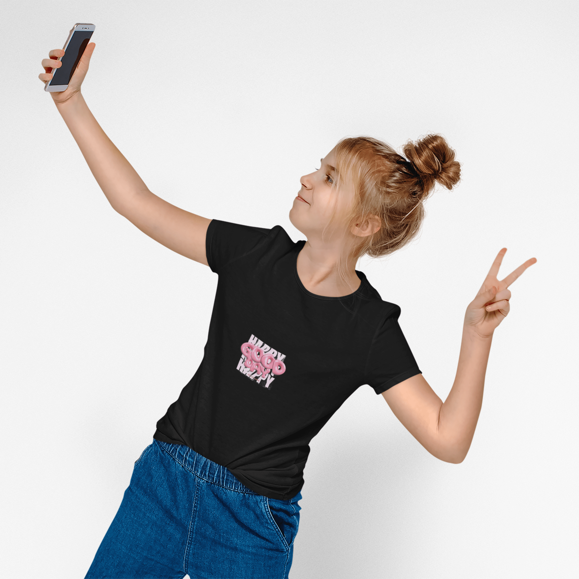 Softstyle women’s T-shirt featuring Happy Day, Good Day uplifting quote and colorful design for casual wear