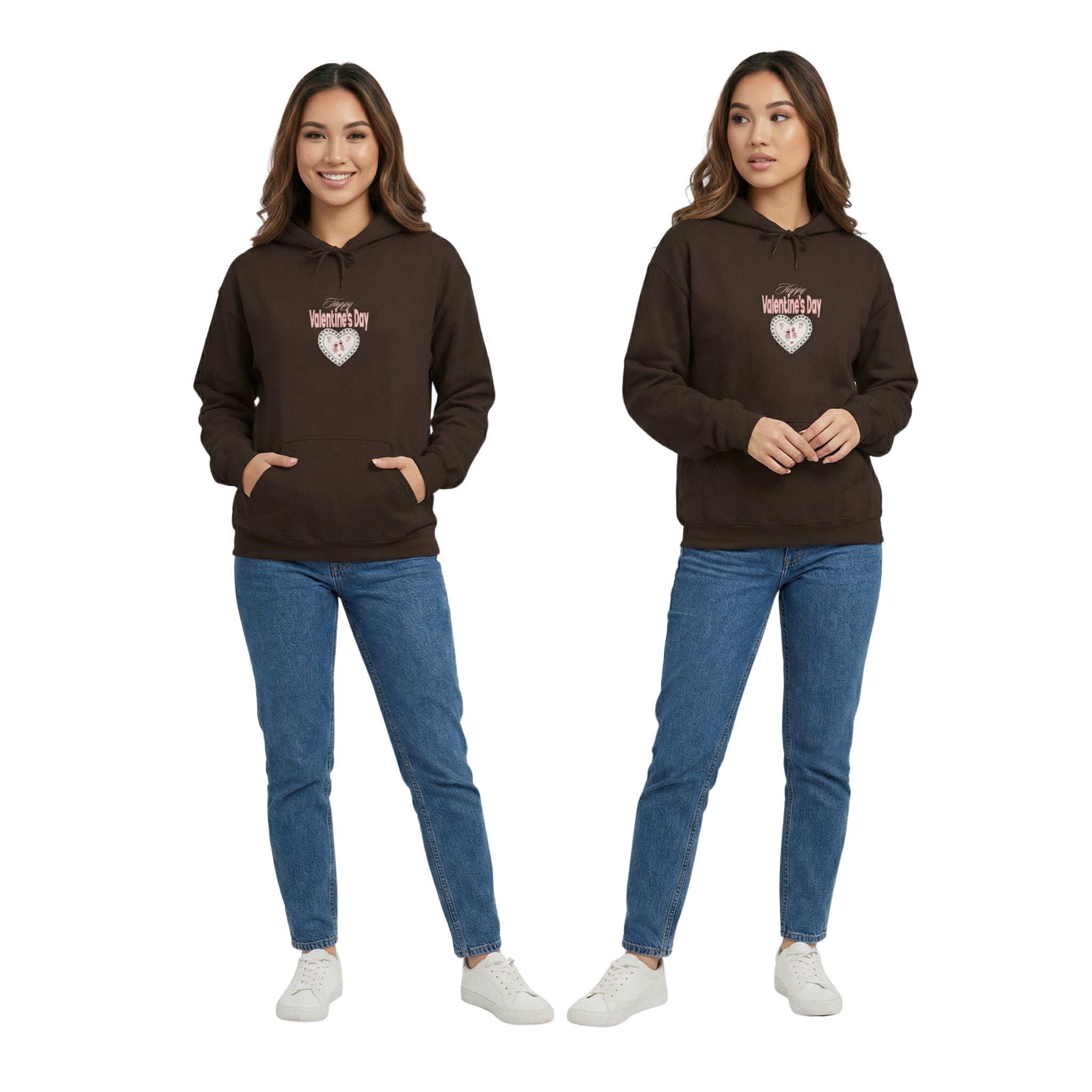 Unisex Valentine Social Club Couples hoodie in dark chocolate featuring a front “Loved” heart graphic