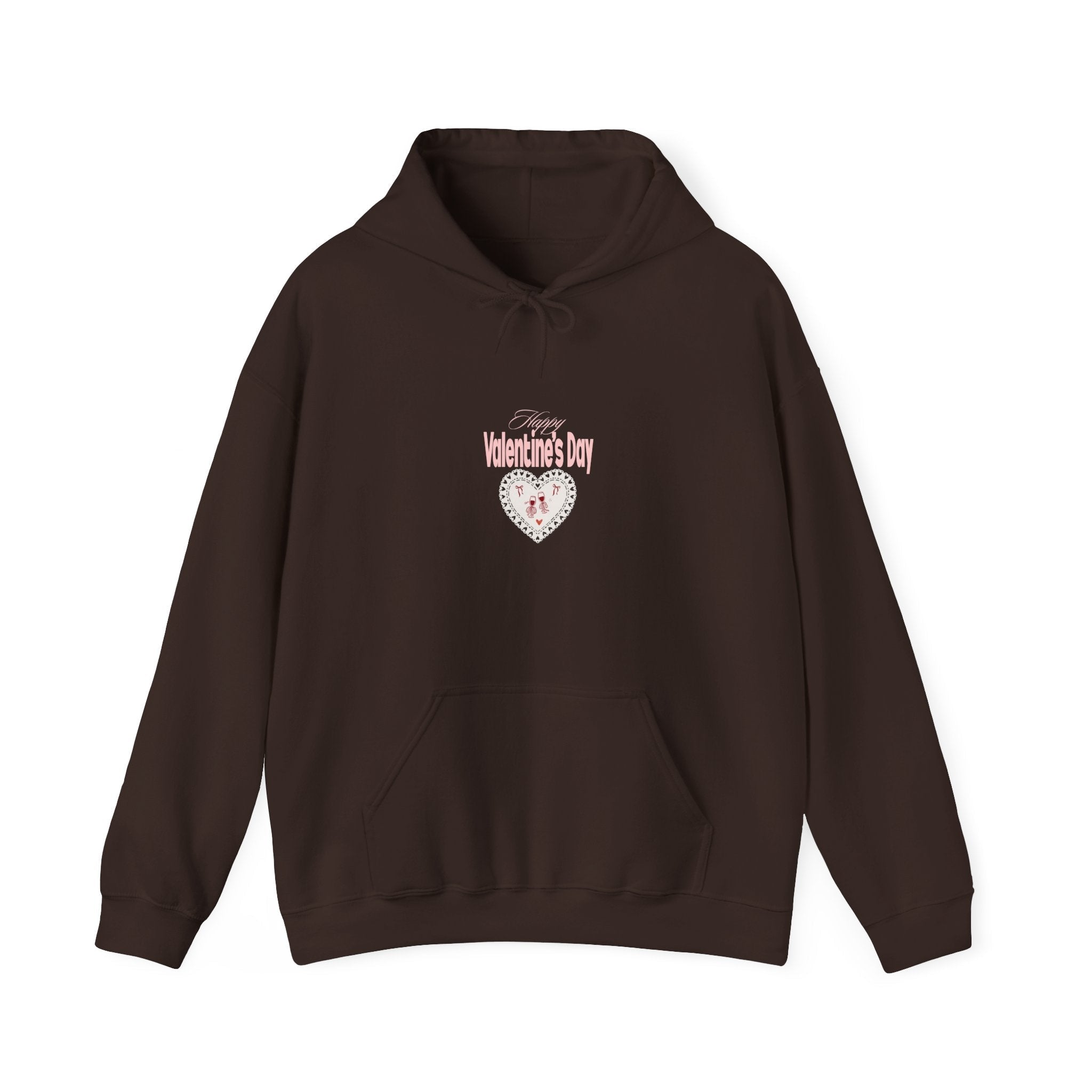 Unisex Valentine Social Club Couples hoodie in dark chocolate featuring a front “Loved” heart wine glass graphic