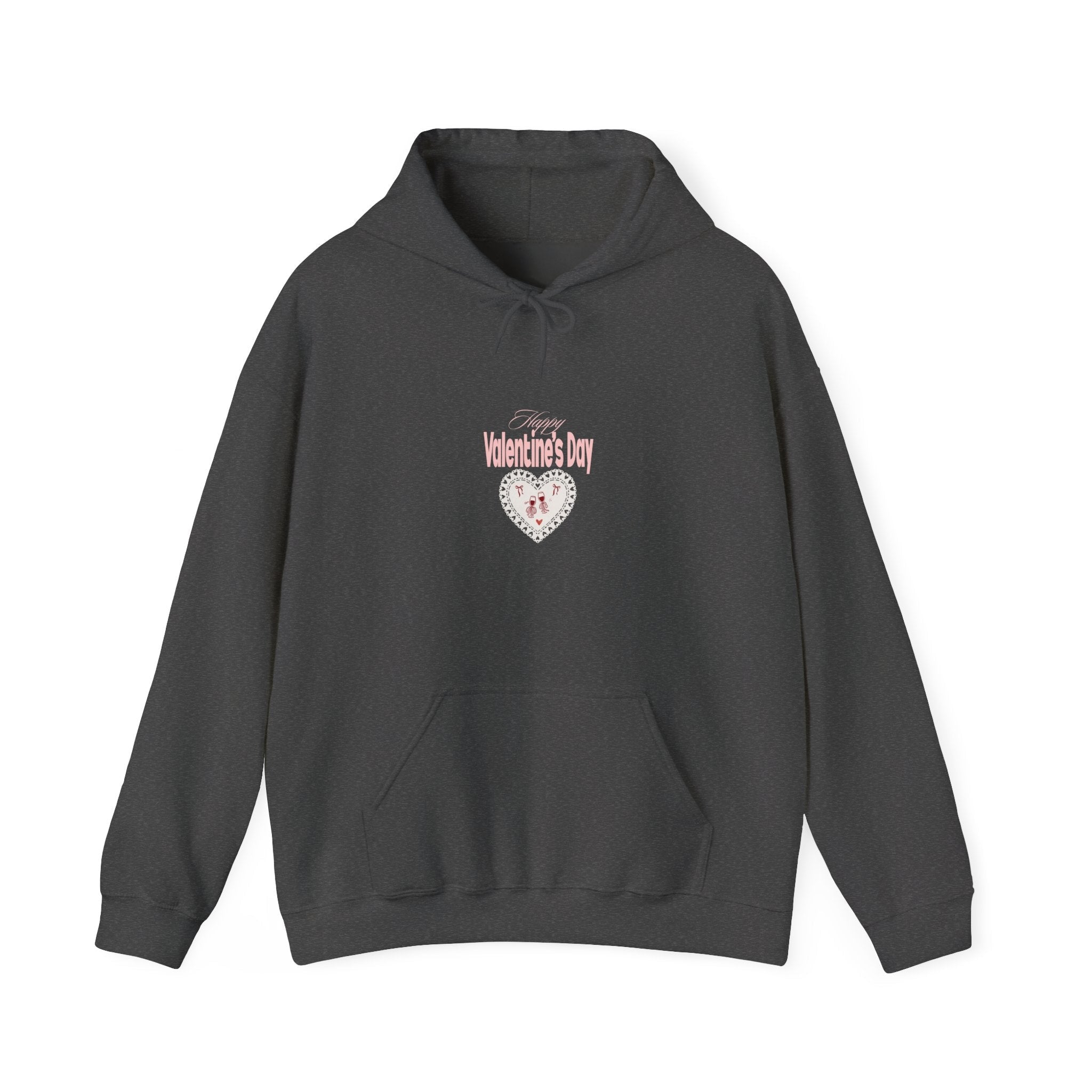 Unisex Valentine Day wine glass dark heather Hoodie featuring 'Loved' heart wine glass illustration 