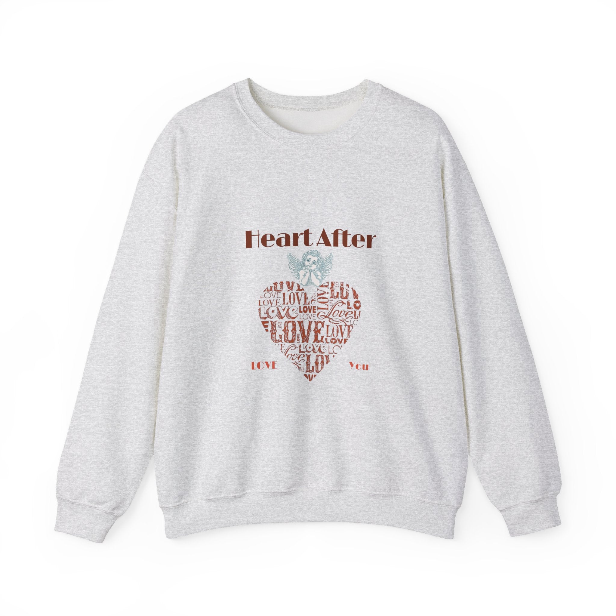 Valentine-inspired black sweatshirt with angel detail and heart-shaped love text graphic.