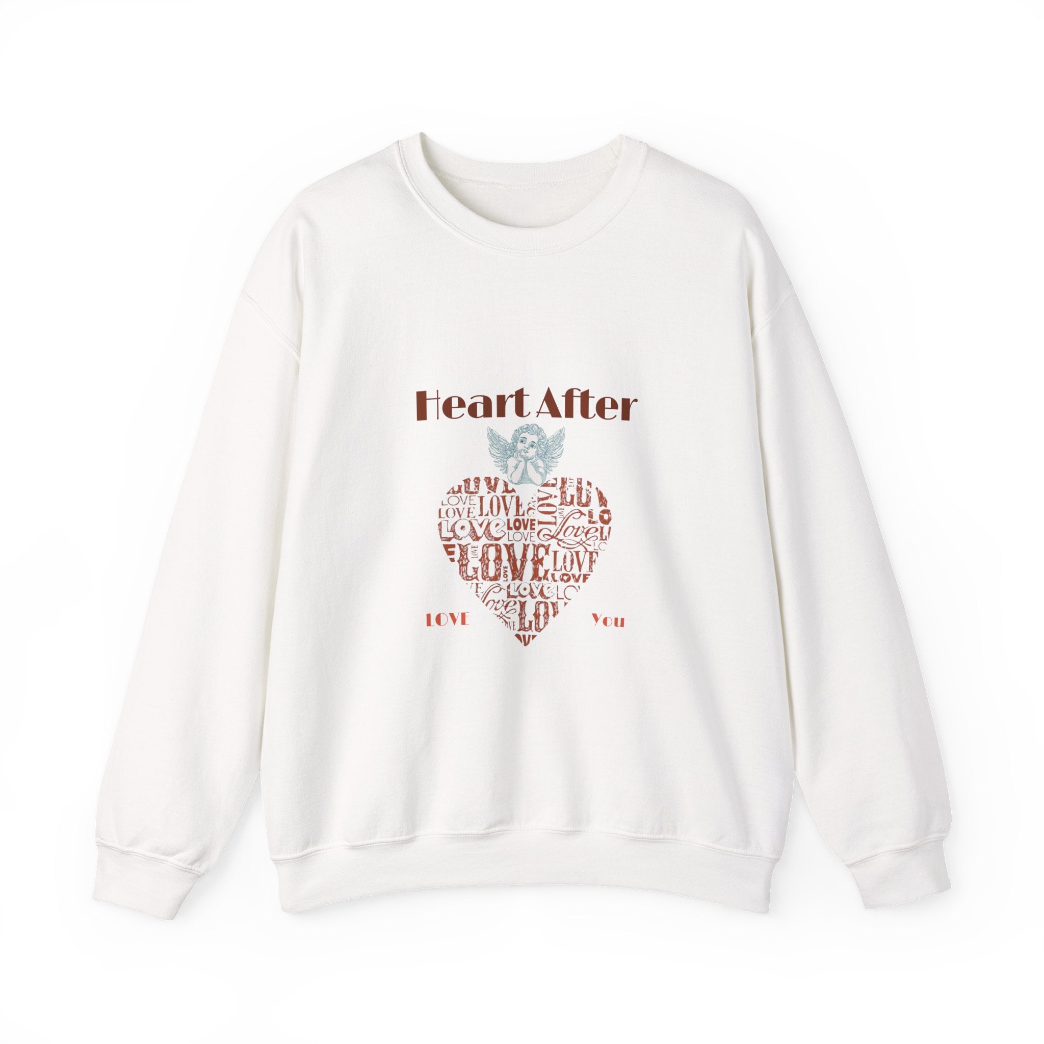 Oversized black crewneck with romantic love print and vintage-inspired cherub artwork.