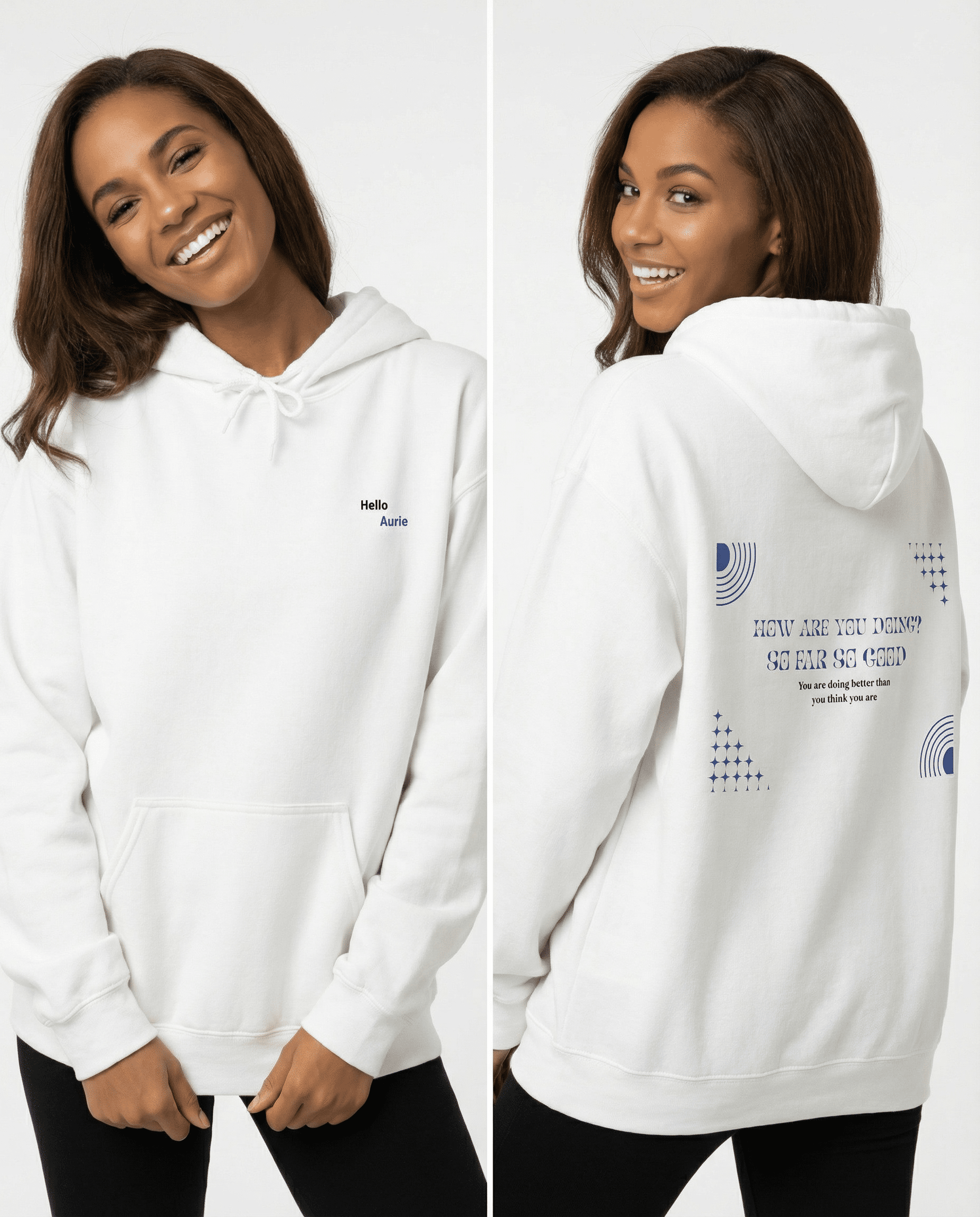 affirmation hoodie back view with So Far So Good message and modern graphic design