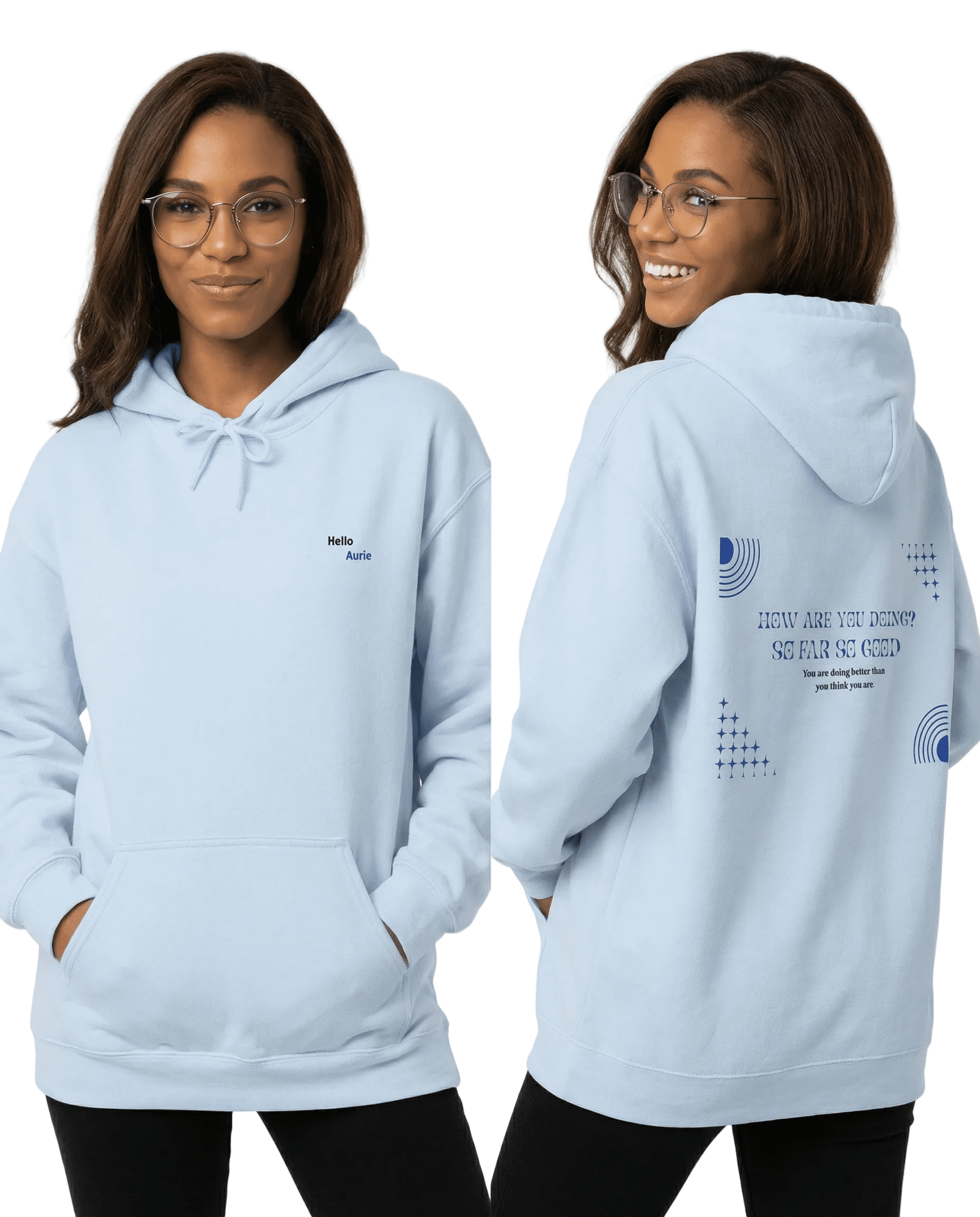 Woman wearing pastel light blue hoodie with minimal Hello Aurie front print