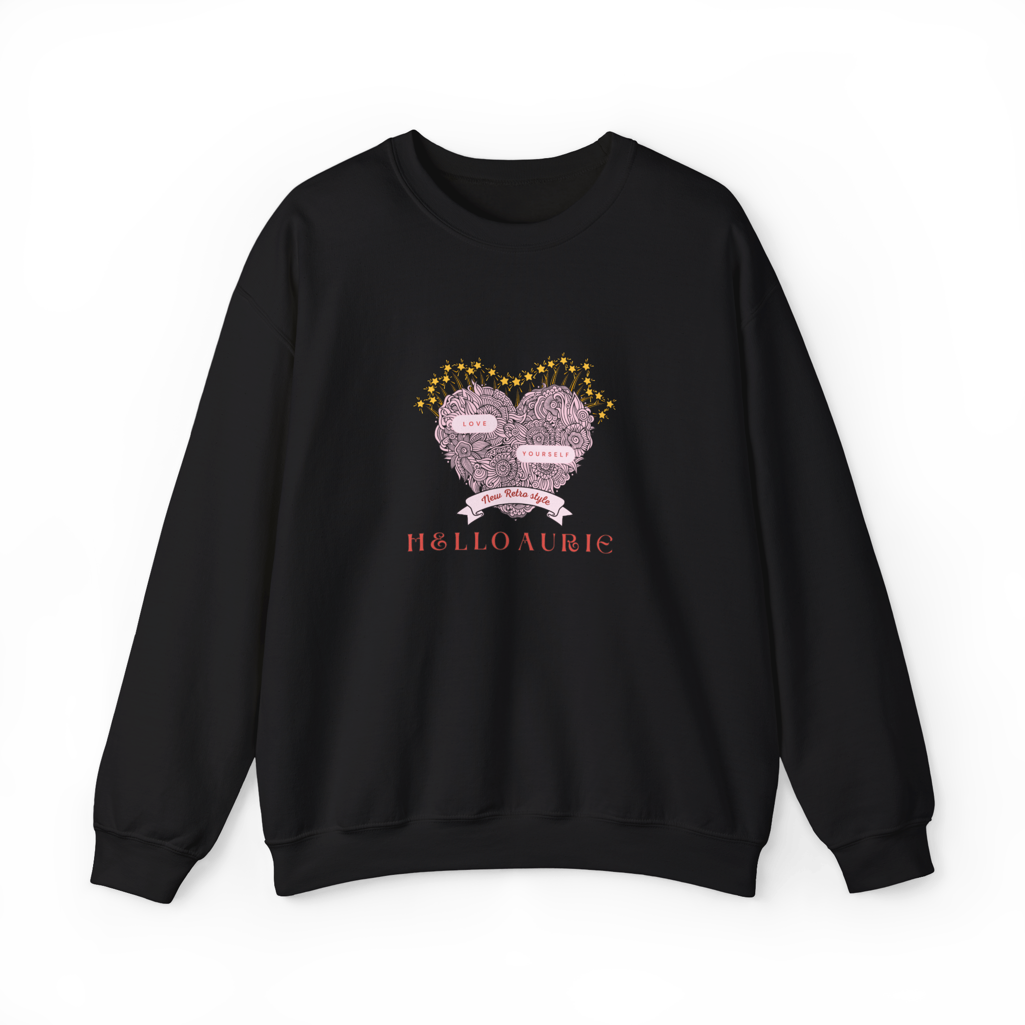 Front view of Hello Aurie Love Yourself Heart black Crewneck Sweatshirt with pastel heart and star details