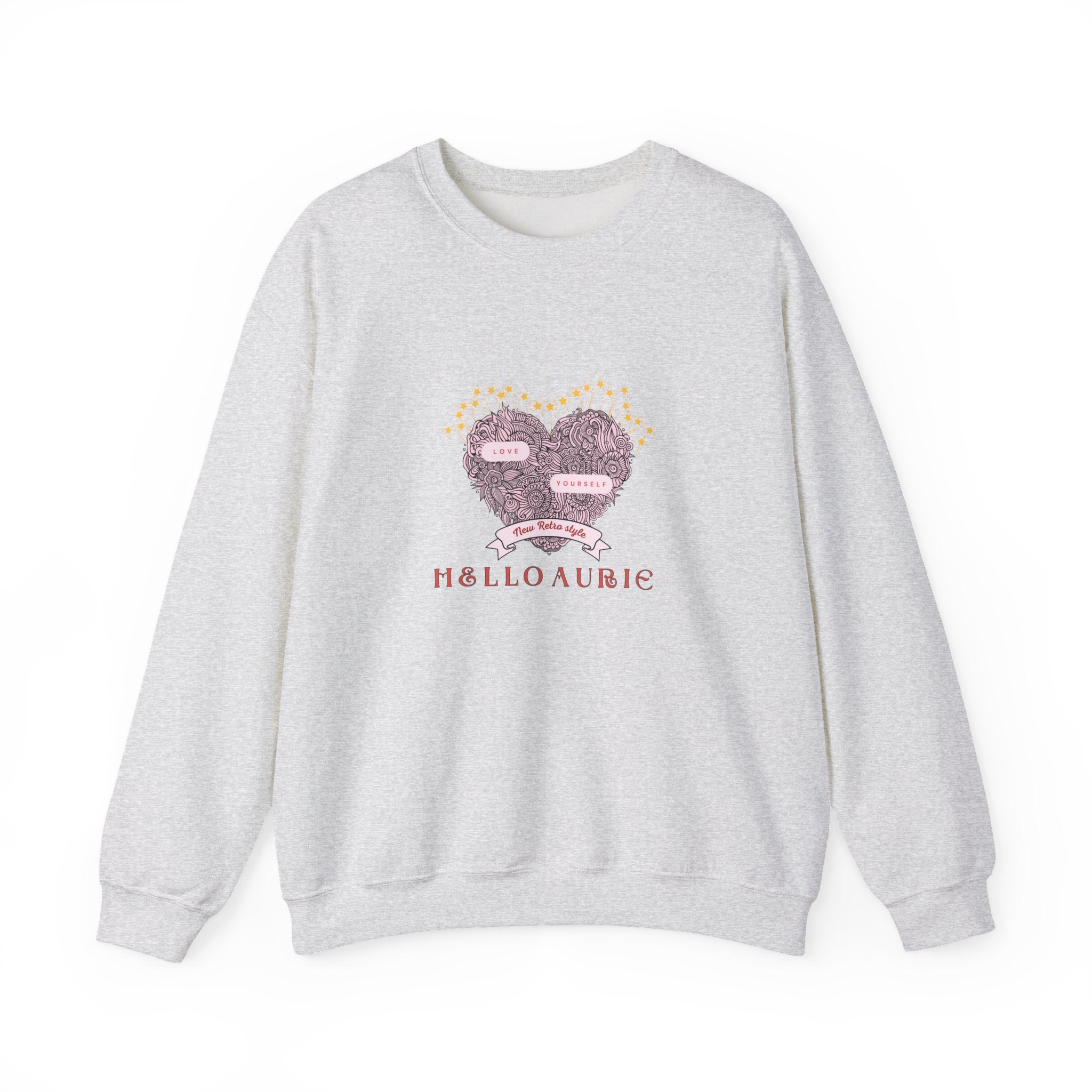 Dreamy pastel heart graphic on Hello Aurie Love Yourself crewneck sweatshirt for everyday wear