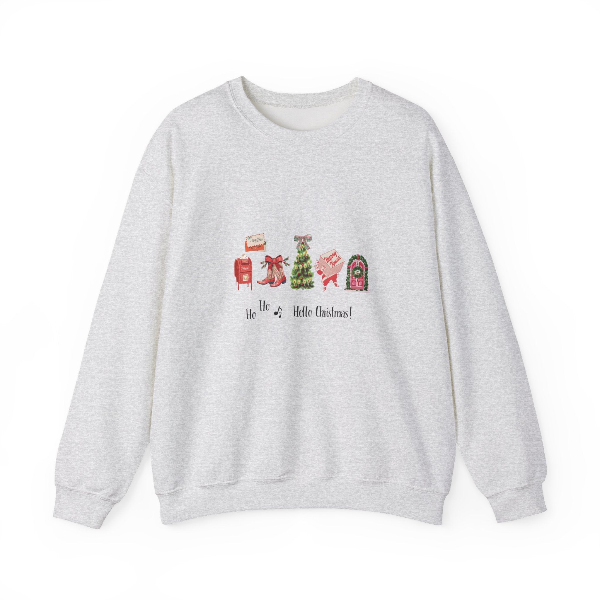 Woman wearing Hello Christmas festive graphic sweatshirt