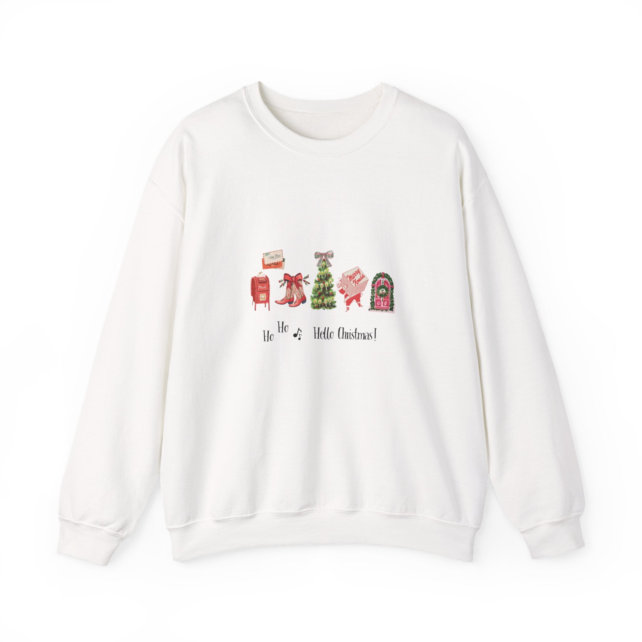 Hello Christmas graphic sweatshirt with festive holiday icons