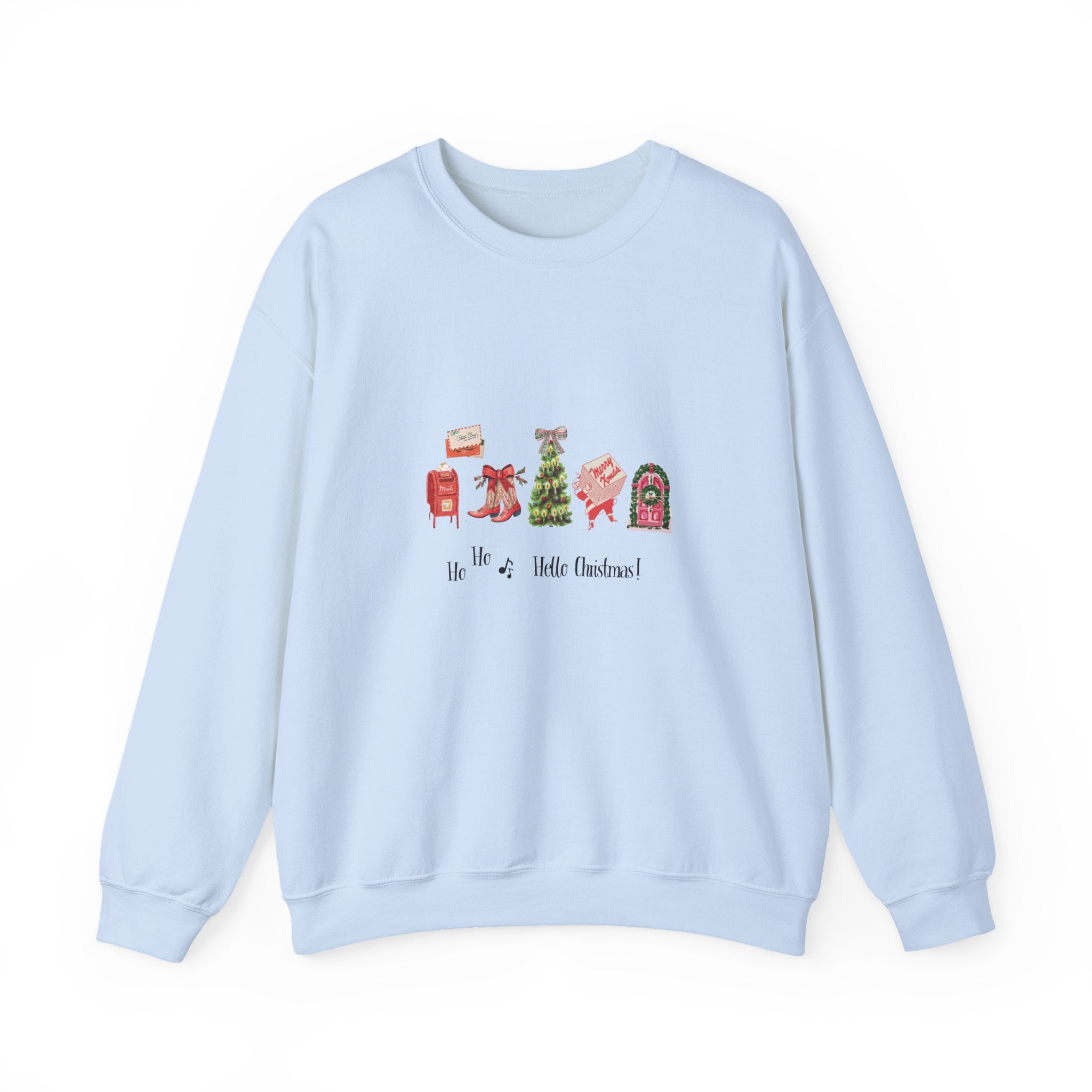 Holiday graphic light blue sweatshirt available in sizes S to 3XL