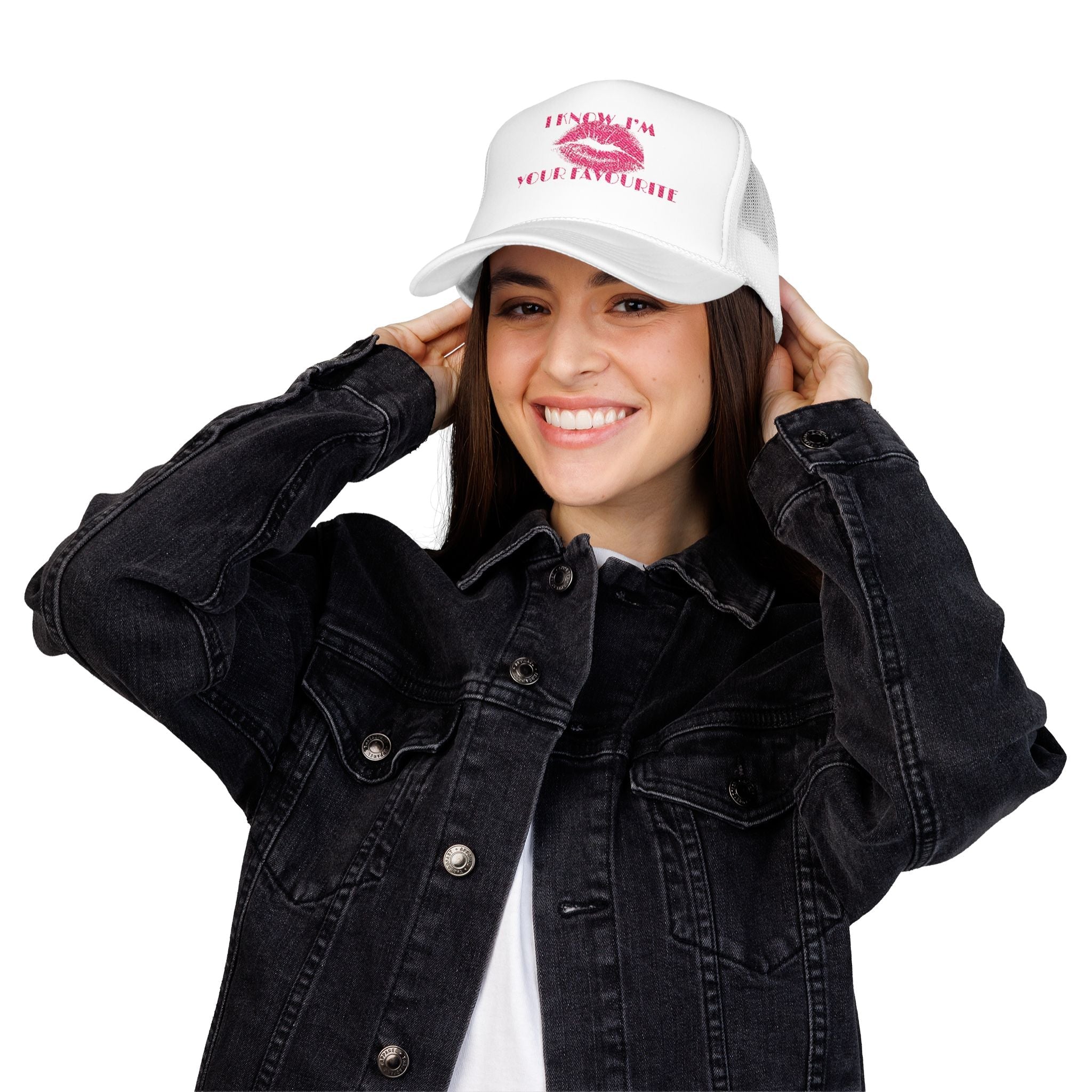 Playful kiss graphic trucker hat with bold typography, adjustable snapback casual hat