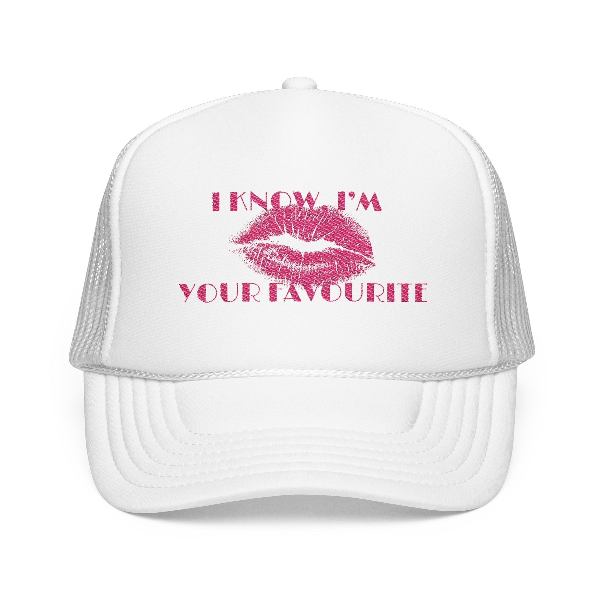 Front detail of kiss print trucker hat featuring bold lettering and playful design