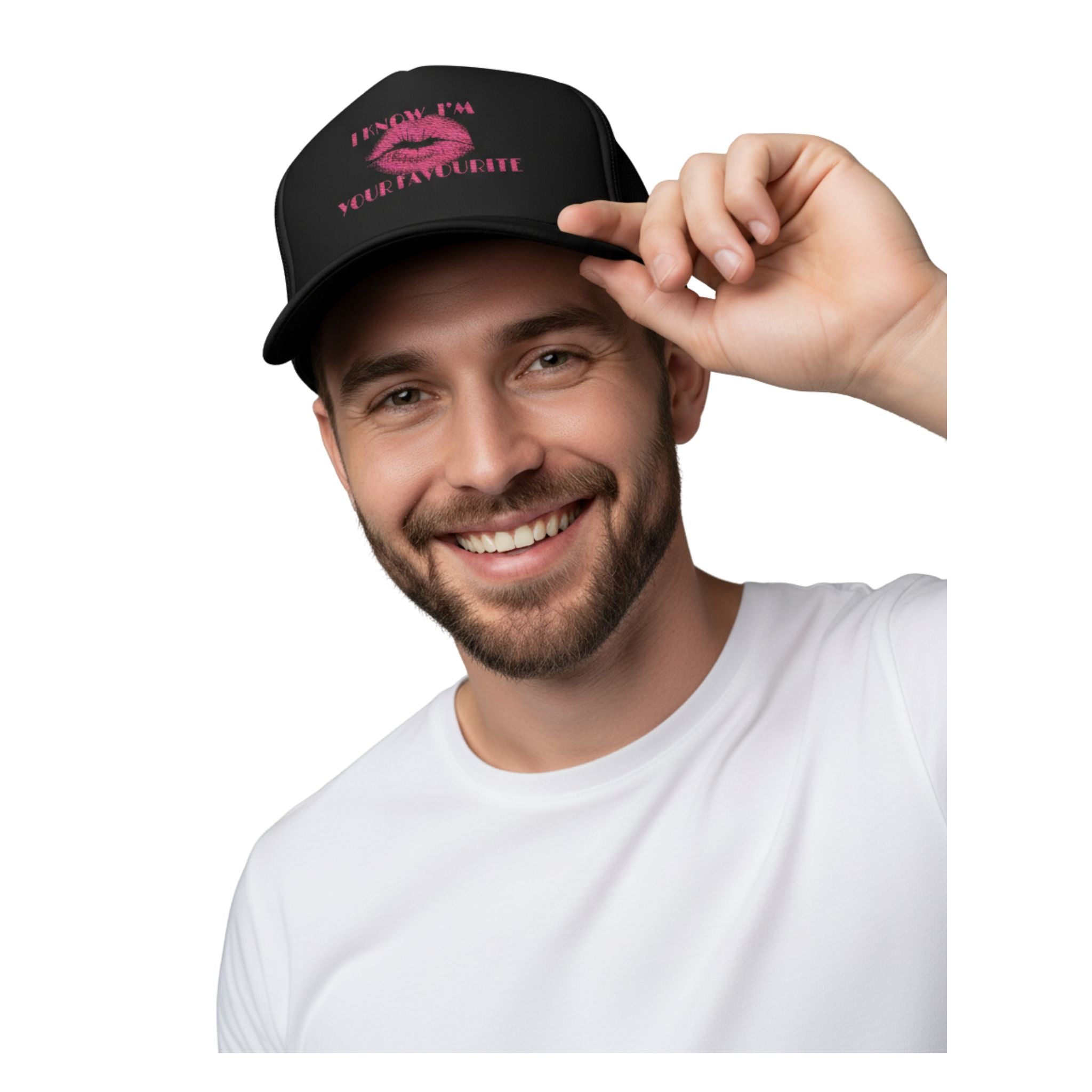 Flirty statement trucker cap featuring kiss print design, one size fits most with mesh back