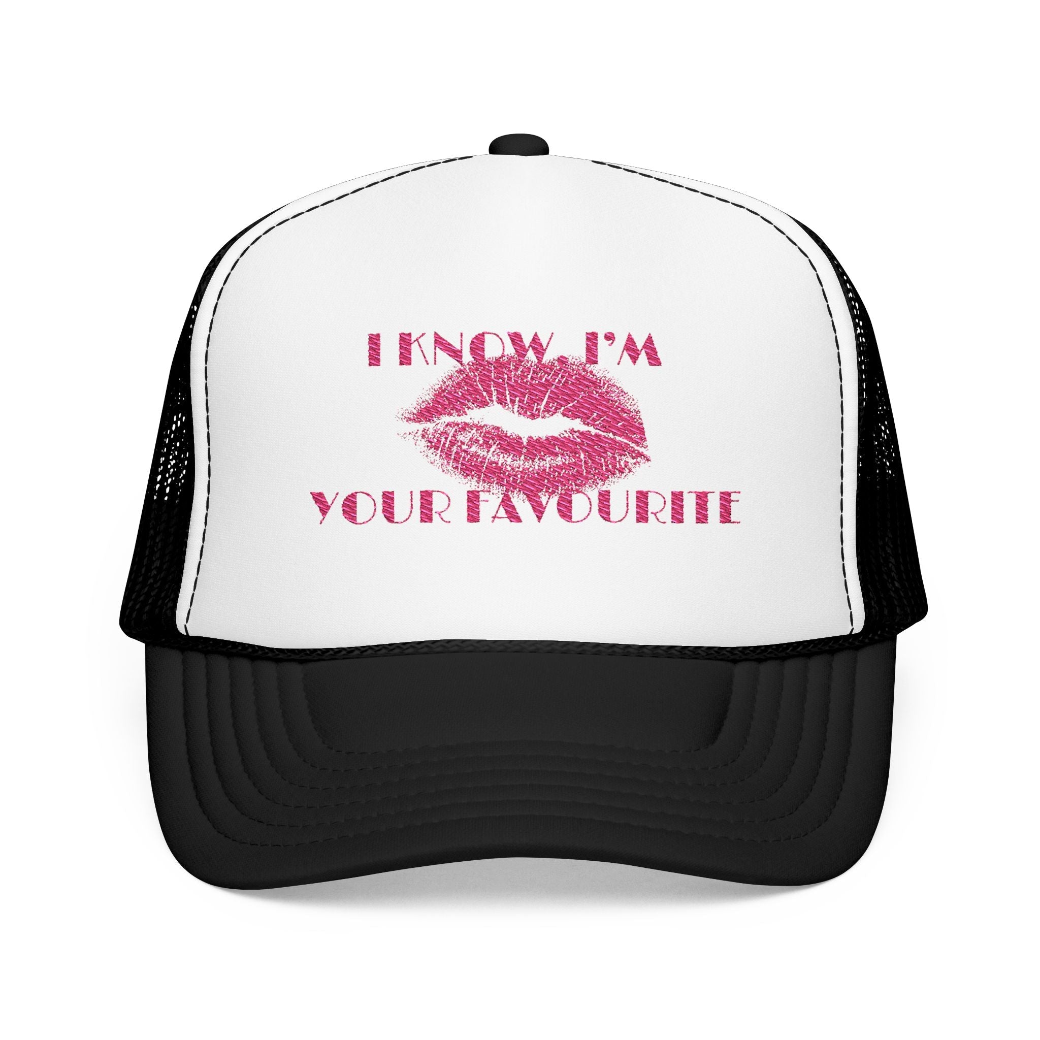 Flirty trucker hat front showing kiss lips graphic and “I’m Your Favorite” statement design