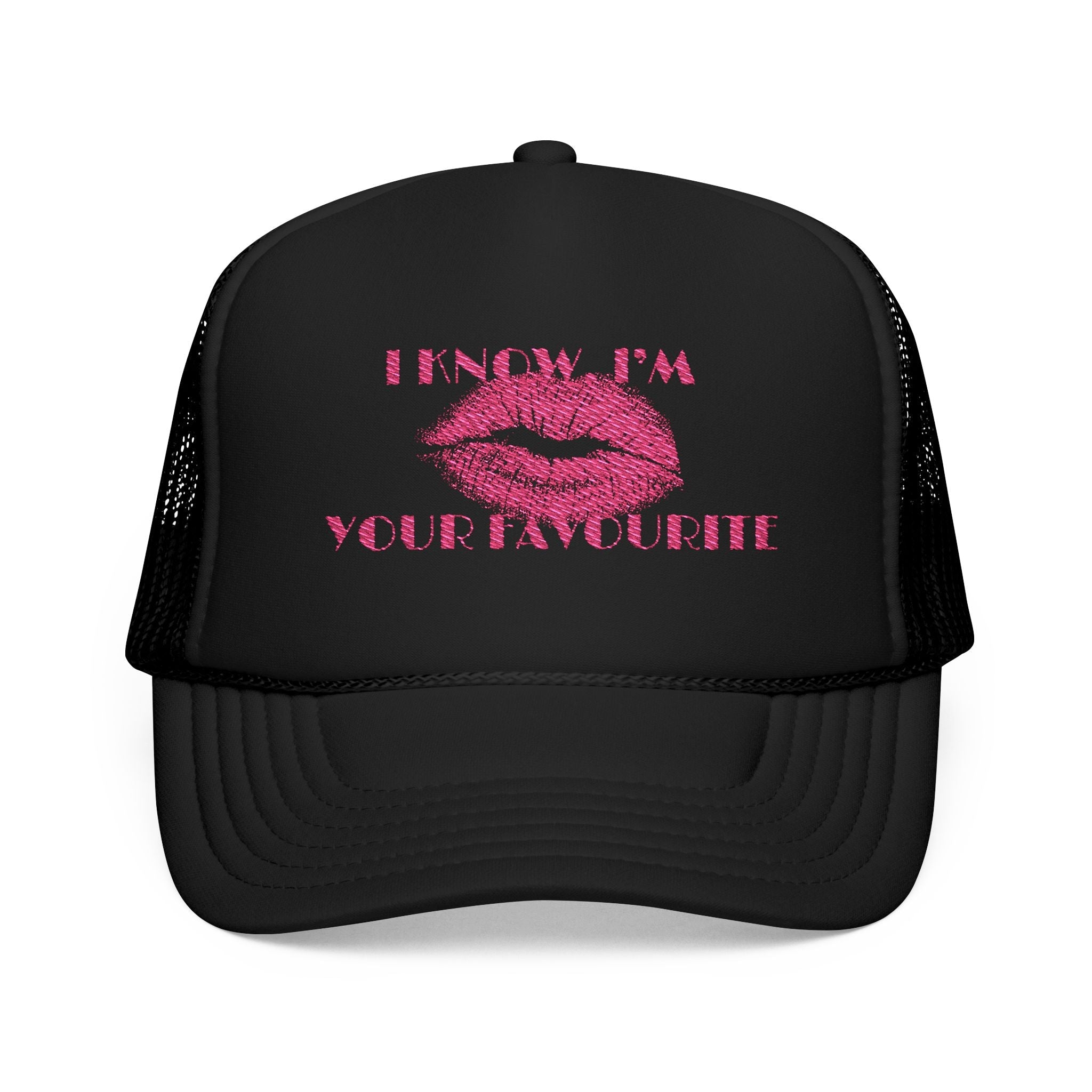 Front view of “I’m Your Favorite” trucker hat with bold kiss print and playful flirty typography