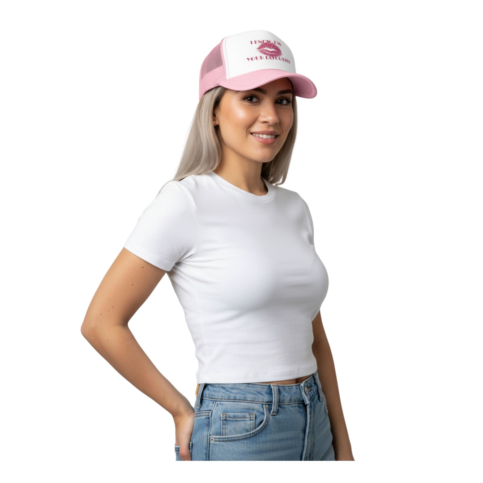 Flirty trucker hat with bold kiss print and “I’m Your Favorite” text, mesh back and adjustable snap closure