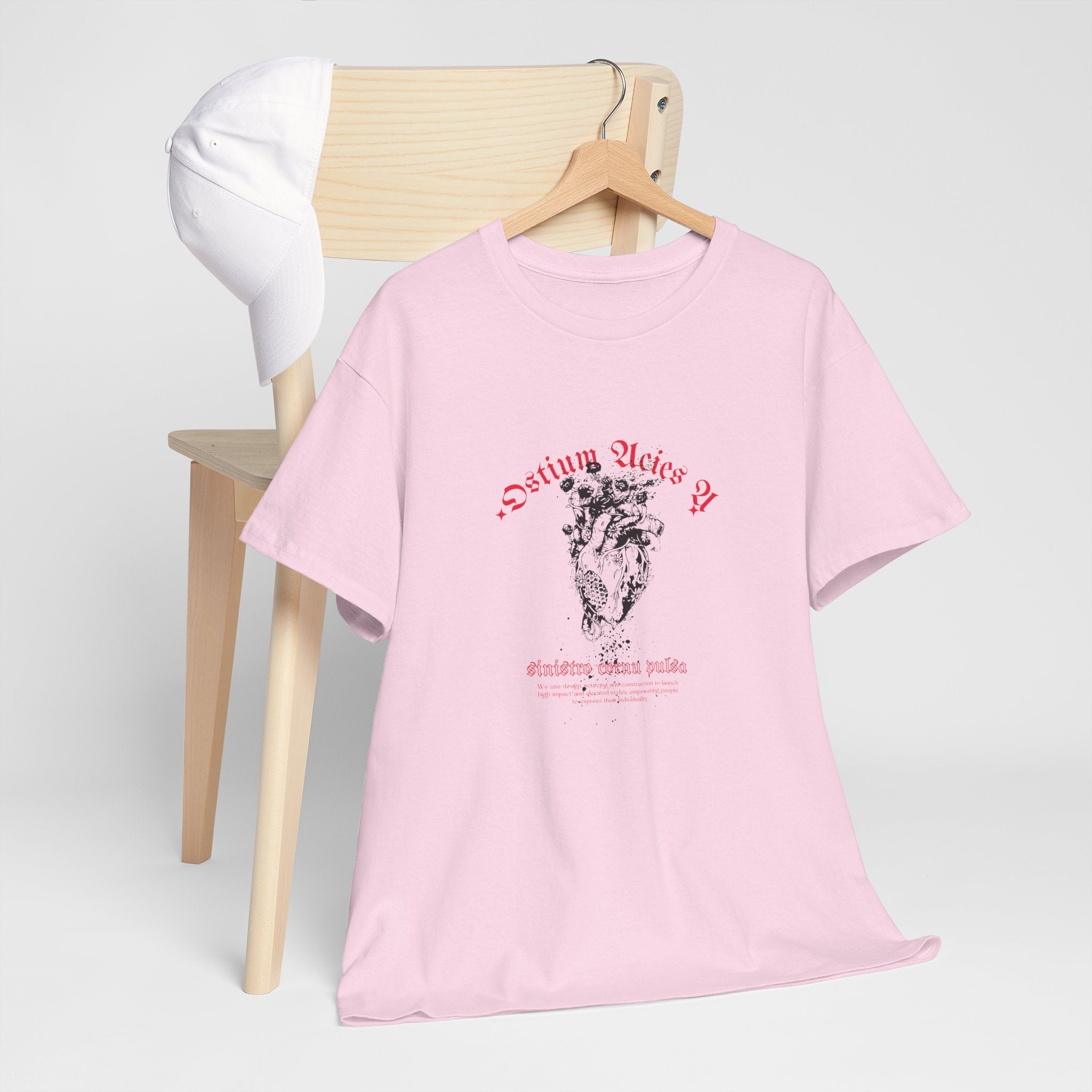 Front view of Latin Quote Graphic Pink T-Shirt featuring “Ostium Acies A Sinistro Cornu Pulsa” for casual wear