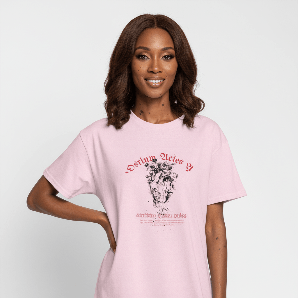 Latin Quote Graphic Pink T-Shirt featuring “Ostium Acies A Sinistro Cornu Pulsa” in minimalist typography