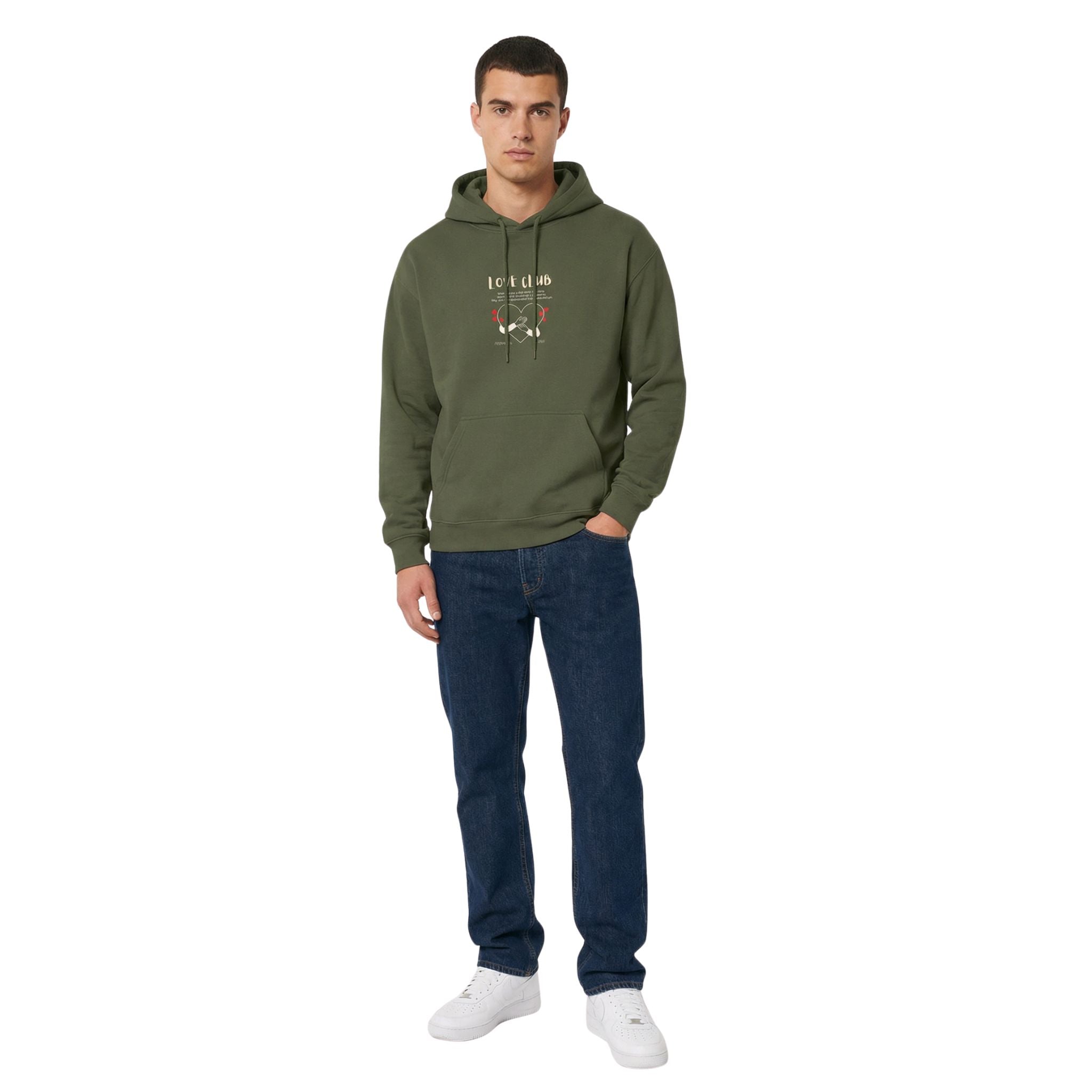 Unisex Valentine Social Club Couples hoodie in military green  featuring a front “Loved” heart graphic
