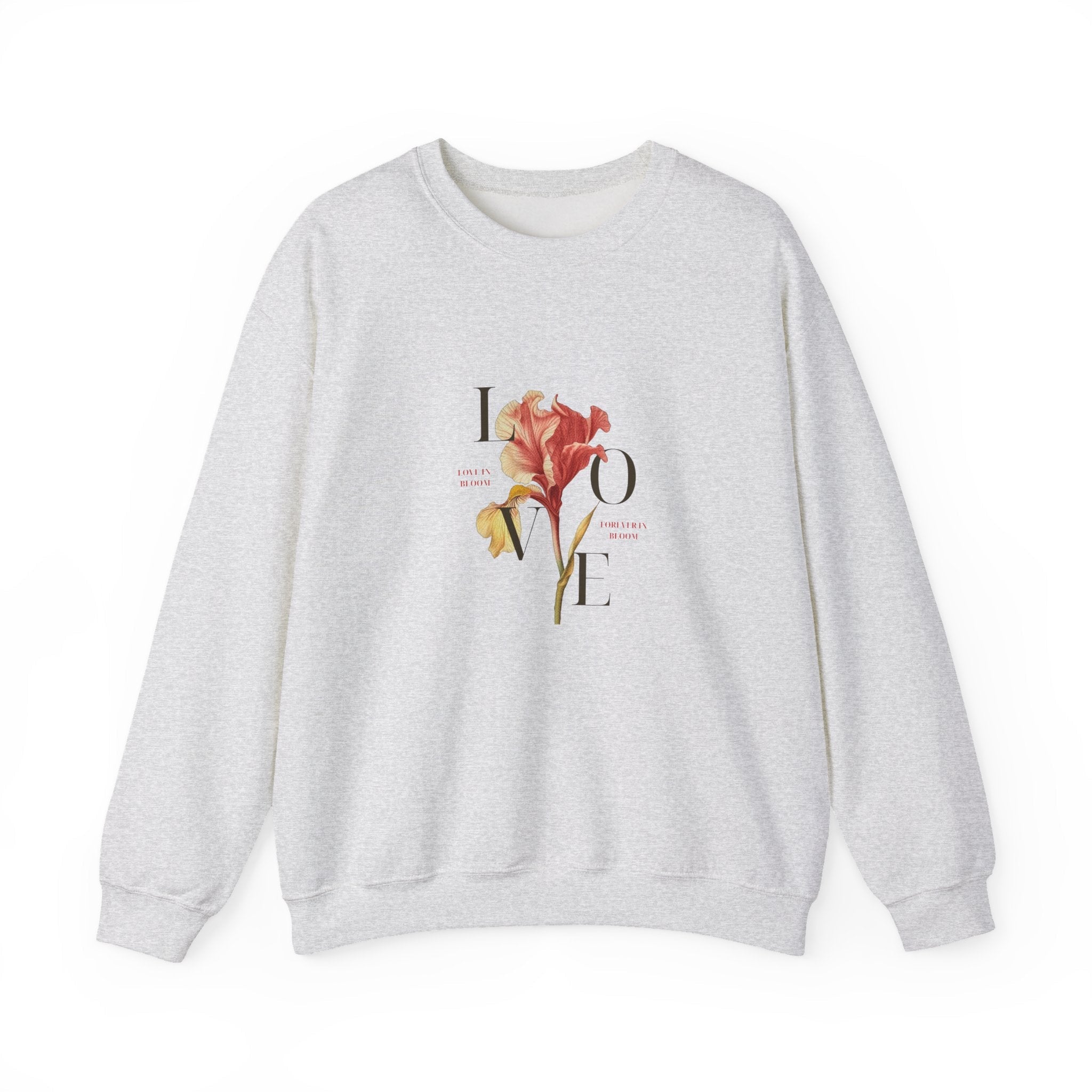 Love In Bloom women’s cotton-poly ash sweatshirt front chest floral 'Love' graphic. 