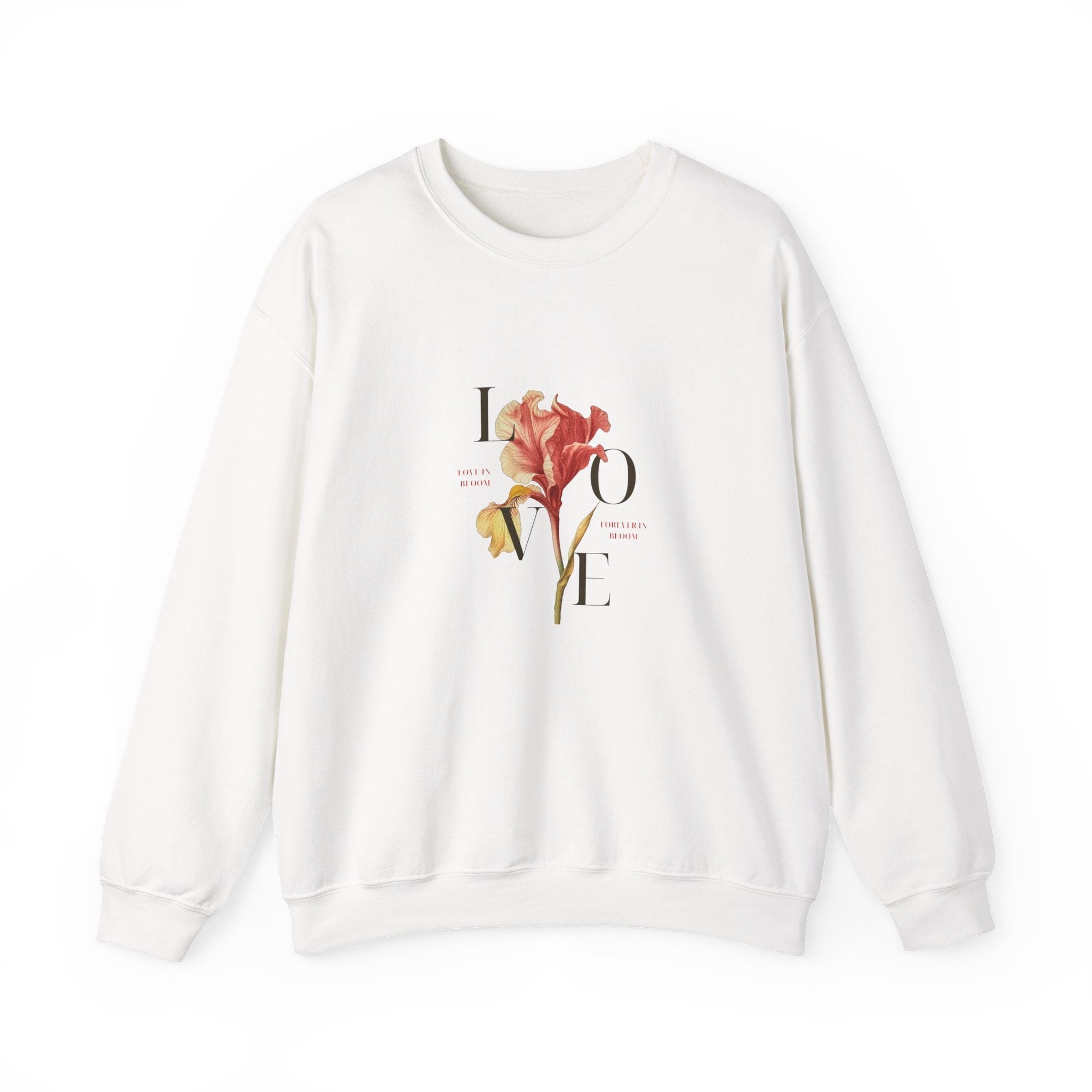 Women’s Love In Bloom Floral White Sweatshirt, front view with pressed wildflower 'Love' design. 