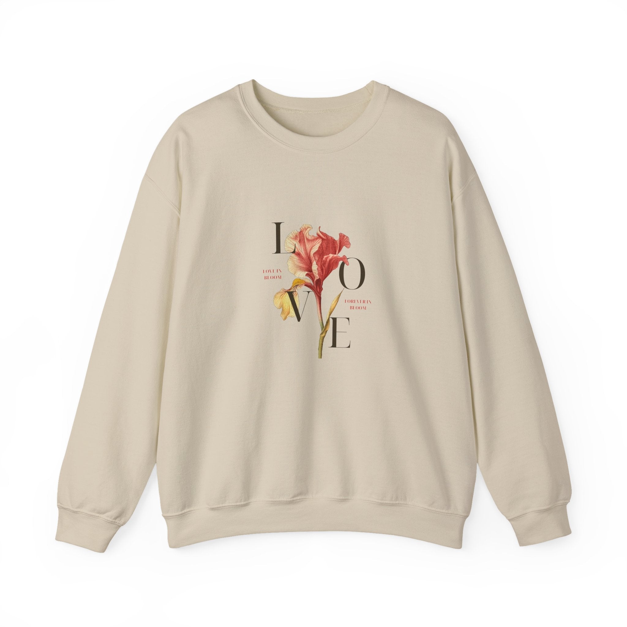 Women’s medium-heavy cotton-poly crewneck Love In Bloom sand Sweatshirt, front floral linework spelling 'Love'