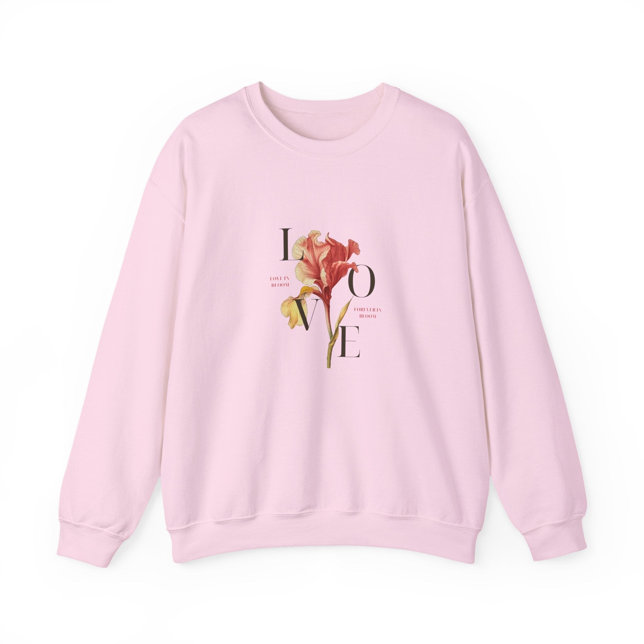 "Love In Bloom Floral light pink Sweatshirt for women, 50/50 cotton-poly blend, front view with minimalist pressed flower design