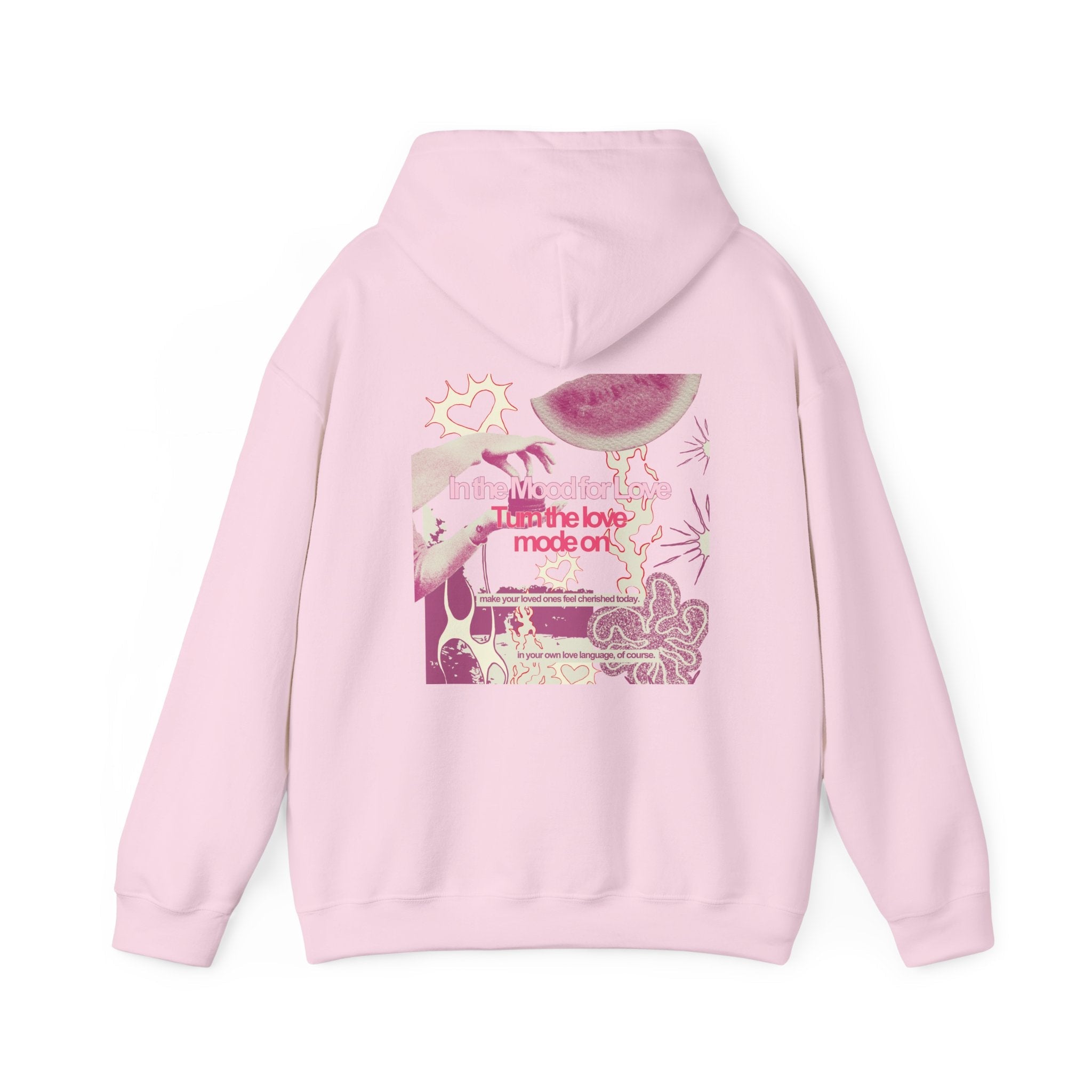 'Love Mode On' Unisex Hoodie Sweatshirt on the front and in the mood for love print on the back