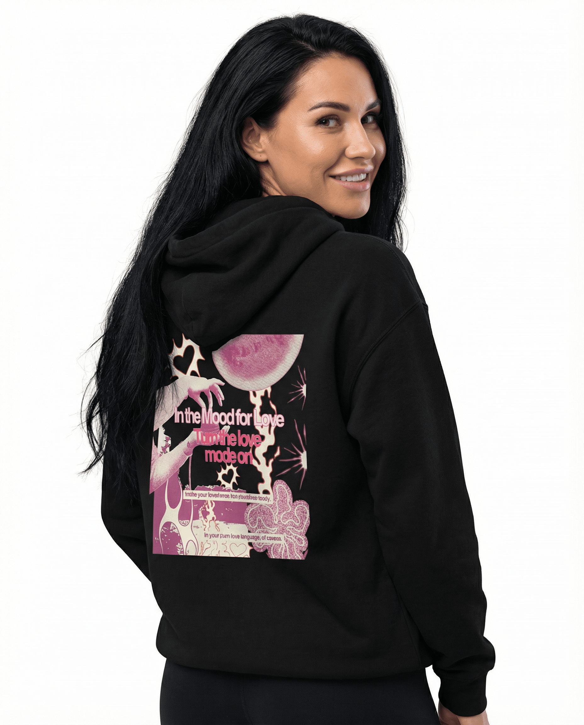 Back view of love mode on unisex retro black hoodie with retro inspired print