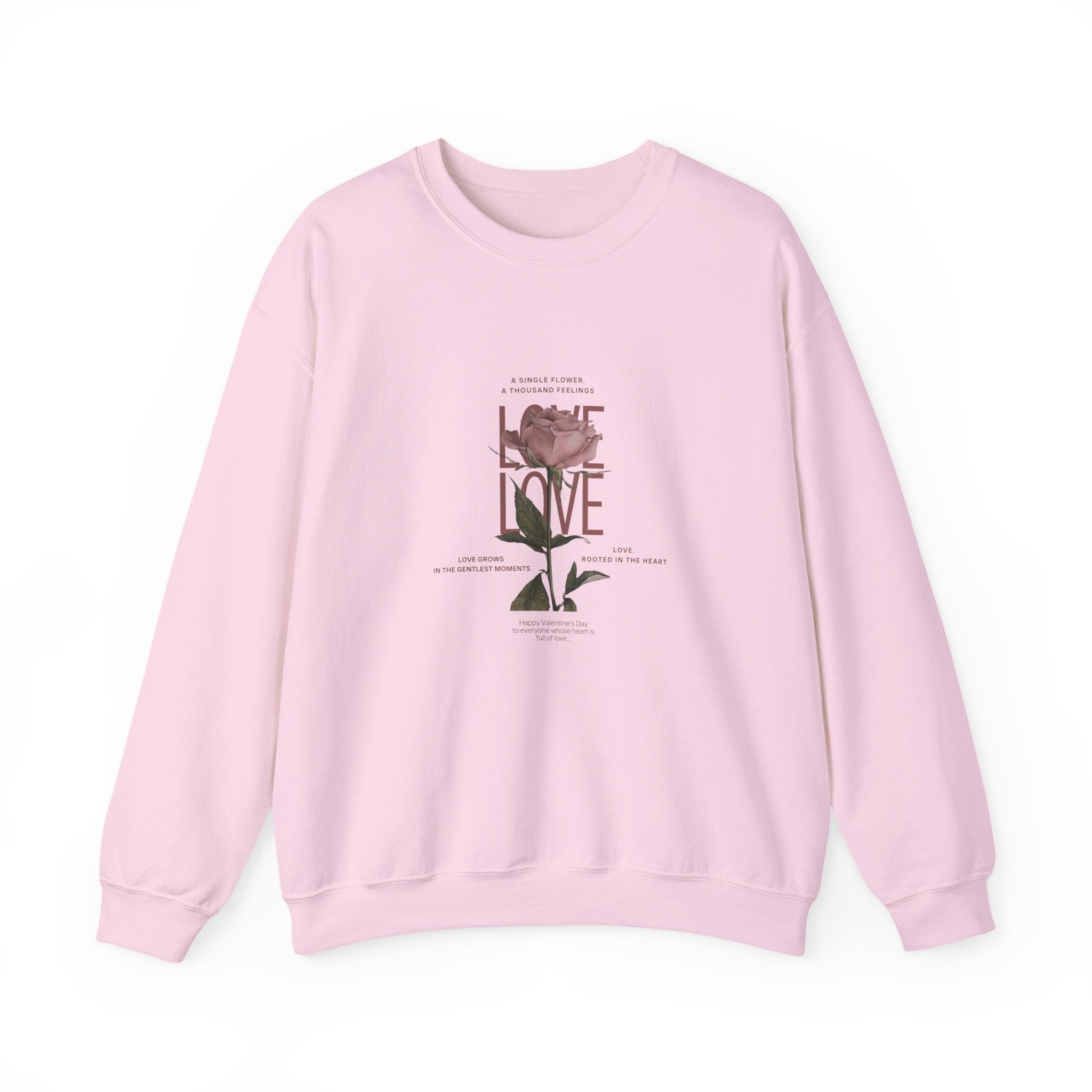 front view of Love rose graphic light pink sweatshirt available in multiple bright colors 