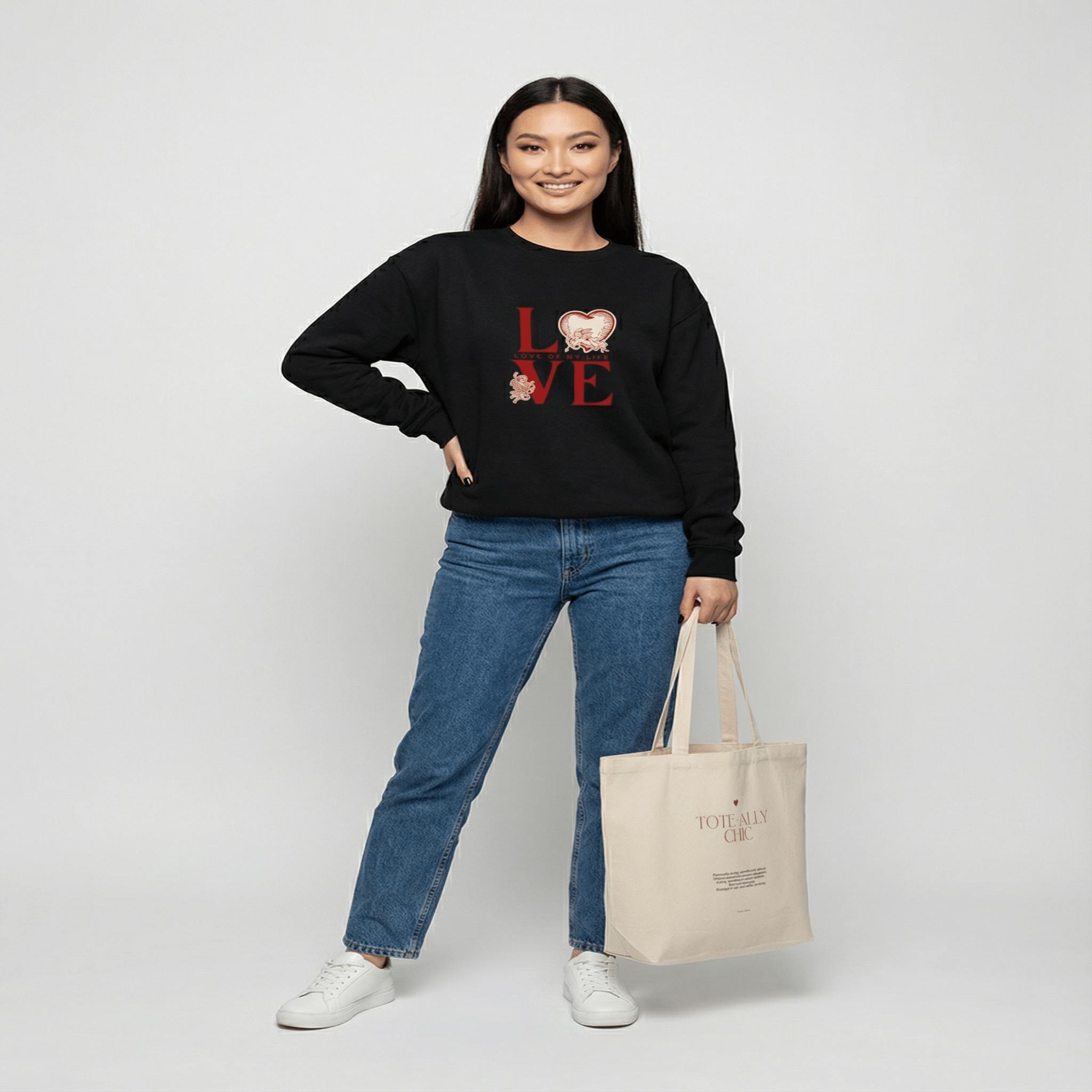 black sweatshirt with LOVE typography and heart floral graphic design for casual wear