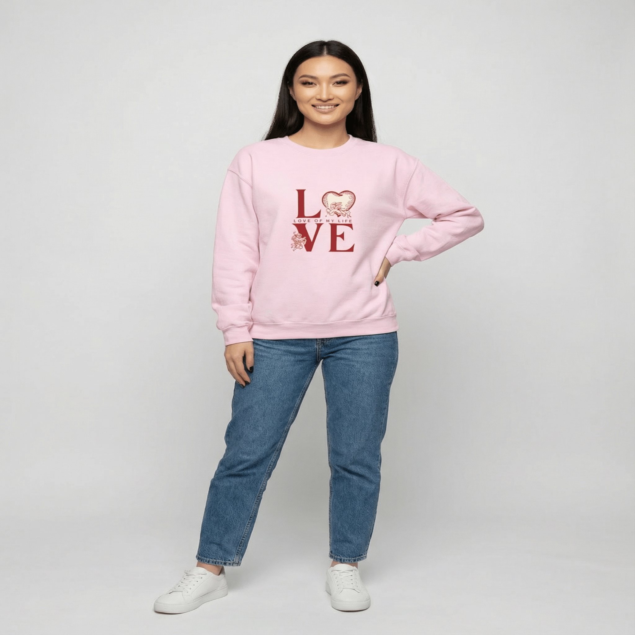 Pink sweatshirt with LOVE typography and heart floral graphic design