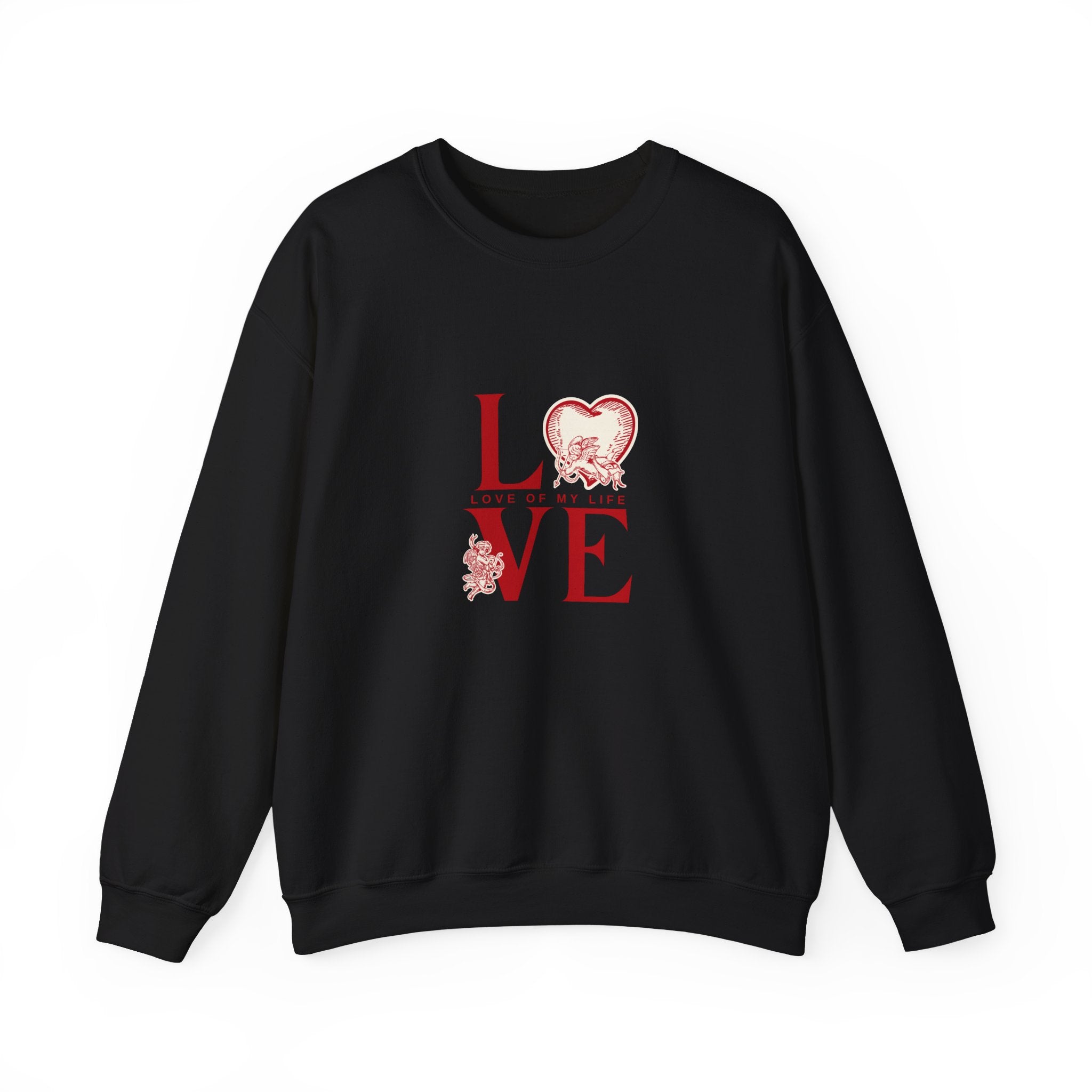 Woman wearing black LOVE of my life graphic sweatshirt
