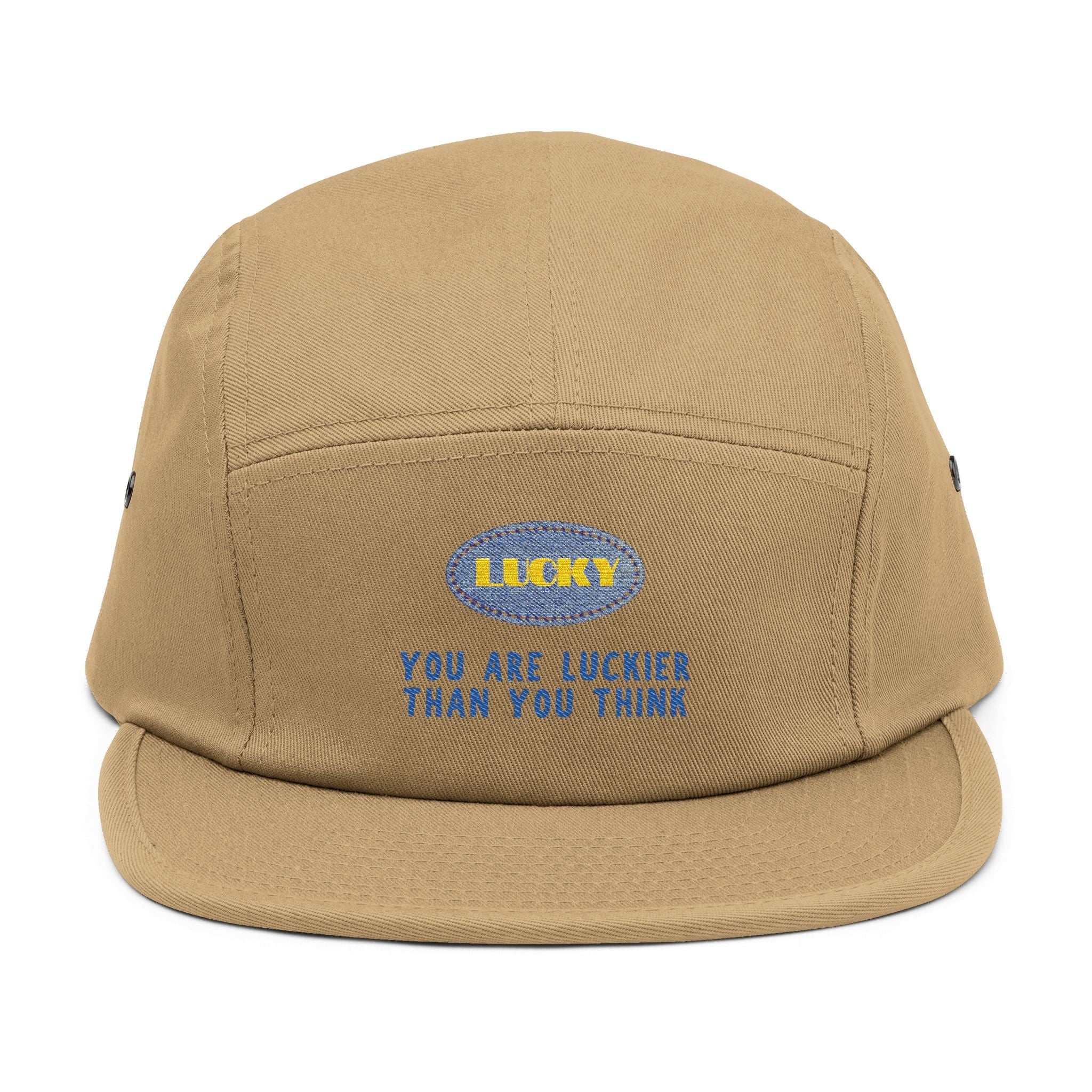Embroidered lucky message 5-panel cap with clean design and structured front