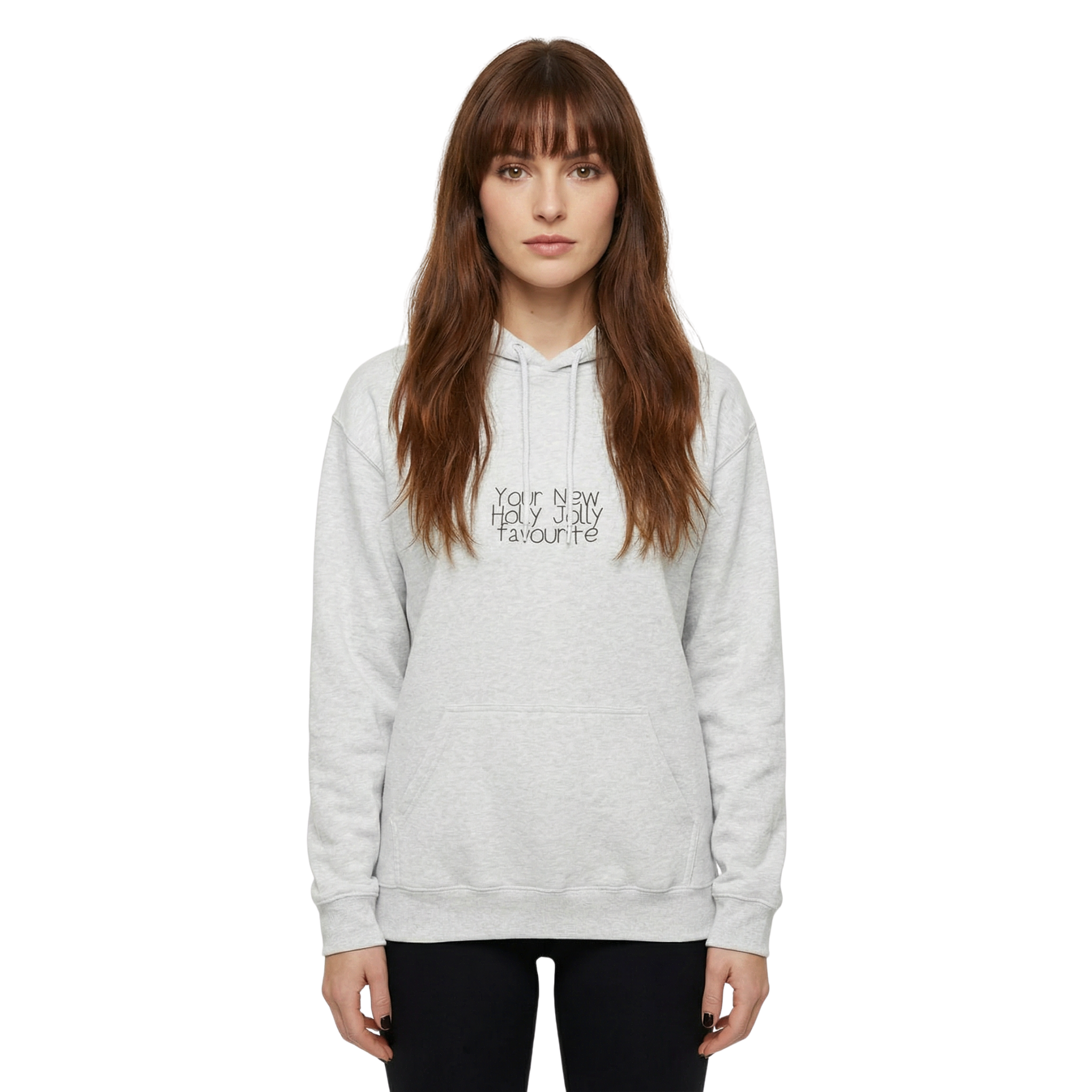 Person wearing a light gray hoodie with text for new year holiday