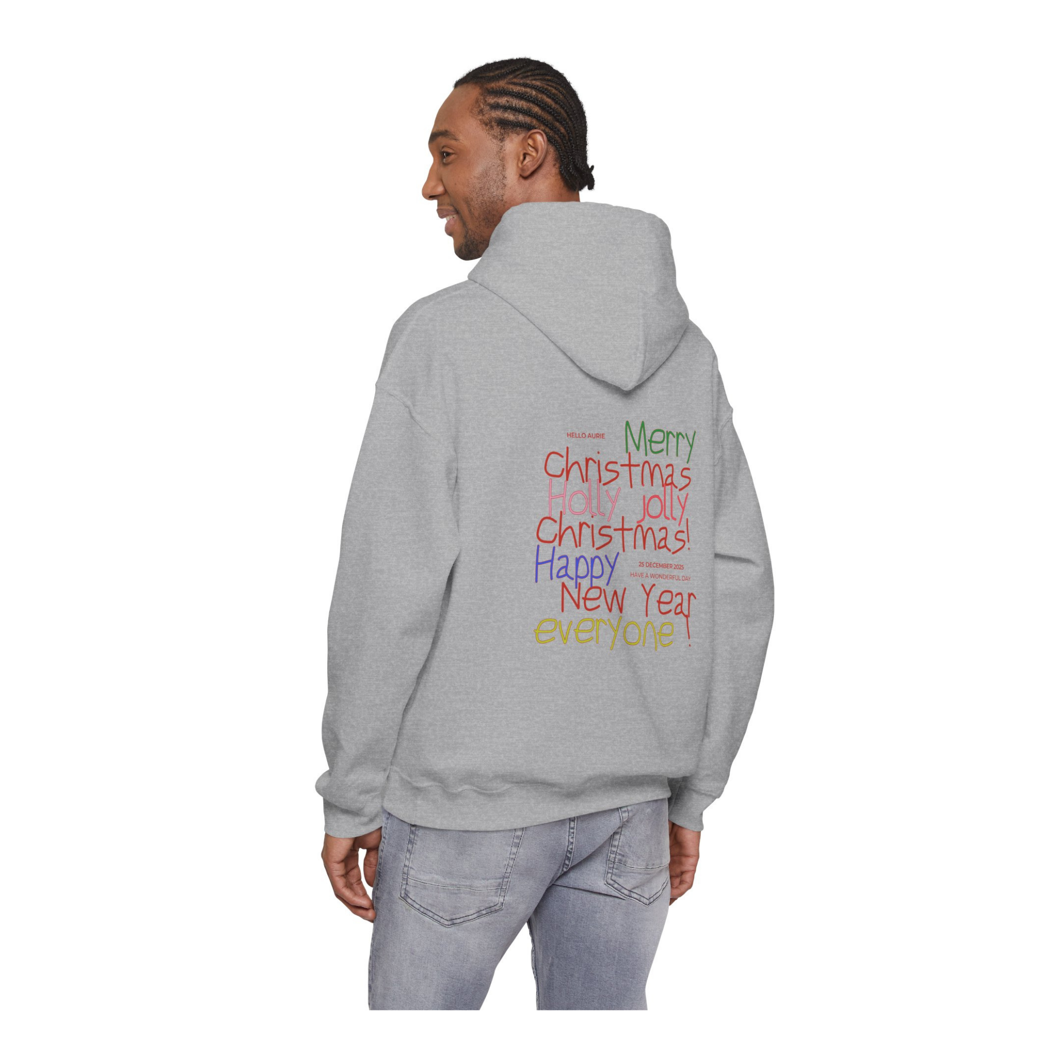 Person wearing a gray hoodie with colorful text on the back
