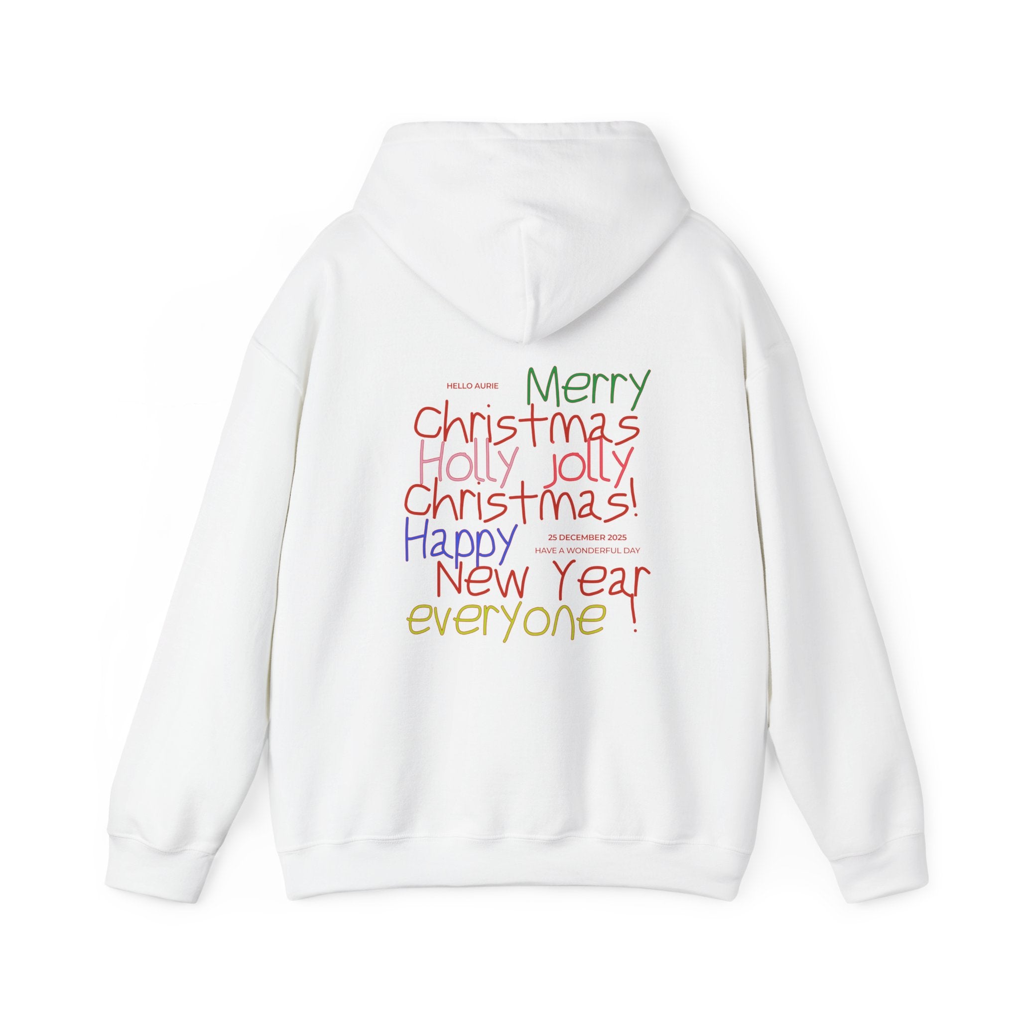 White hoodie with colorful text on the back for minimalism wear