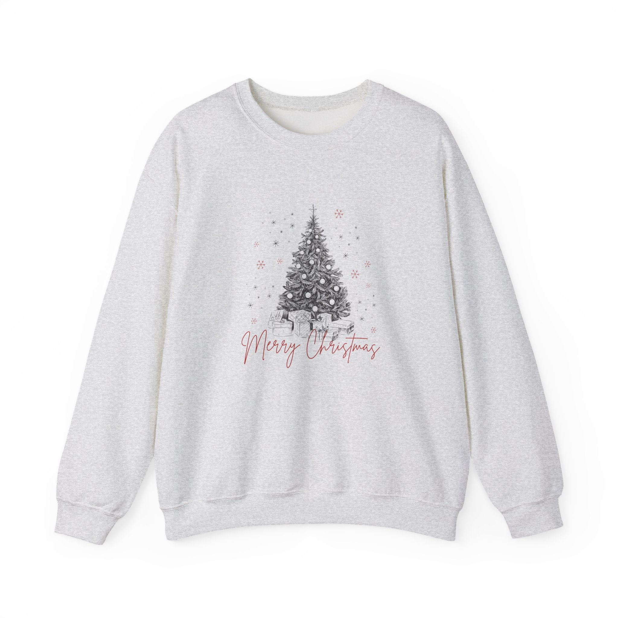 Soft crewneck sweatshirt with elegant Merry Christmas script and tree artwork